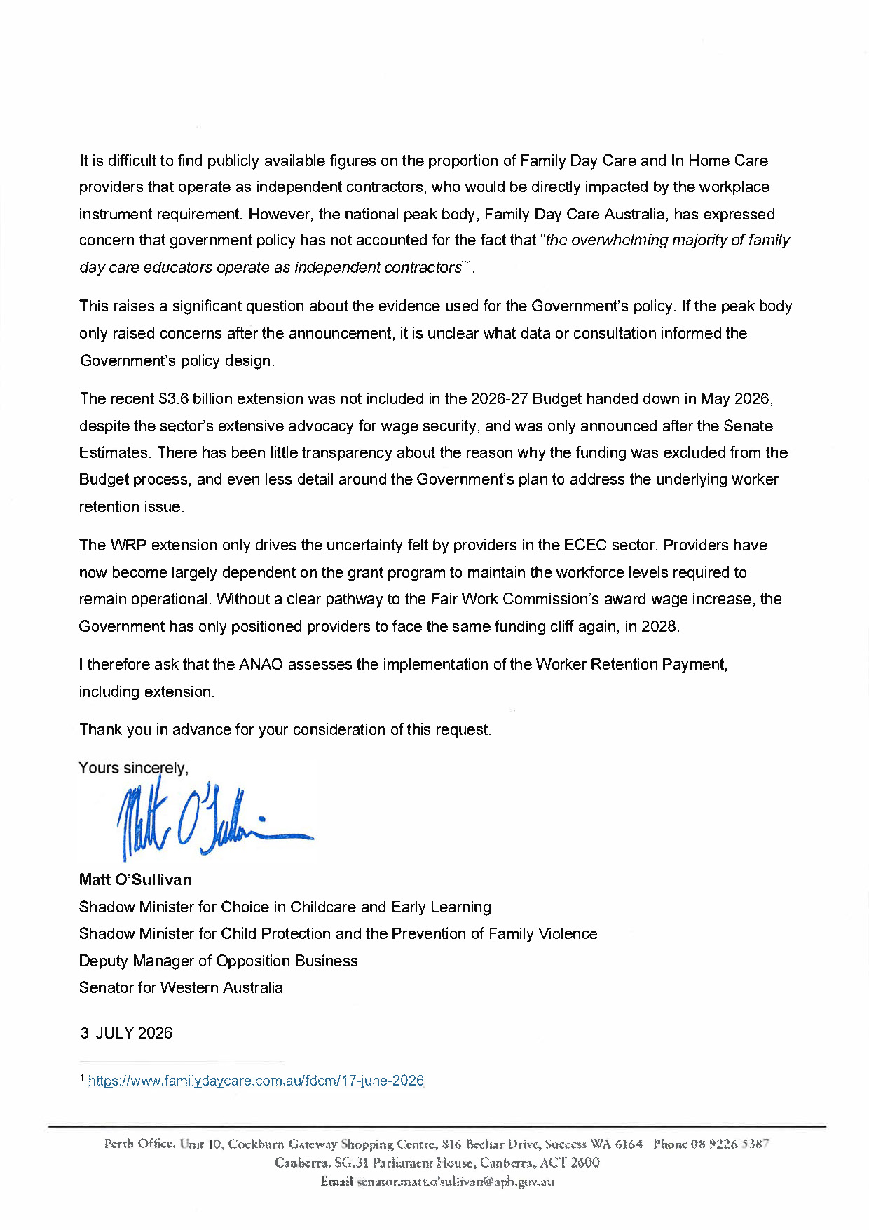 Correspondence from Senator Matt O'Sullivan page 2