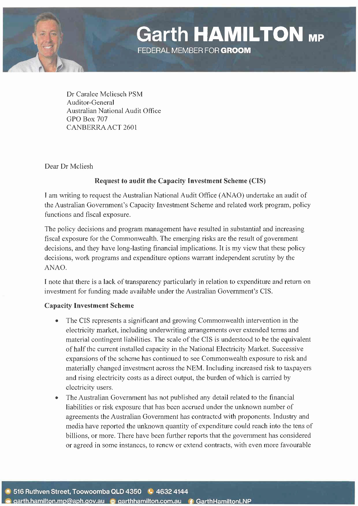 Correspondence from Garth Hamilton MP page 1