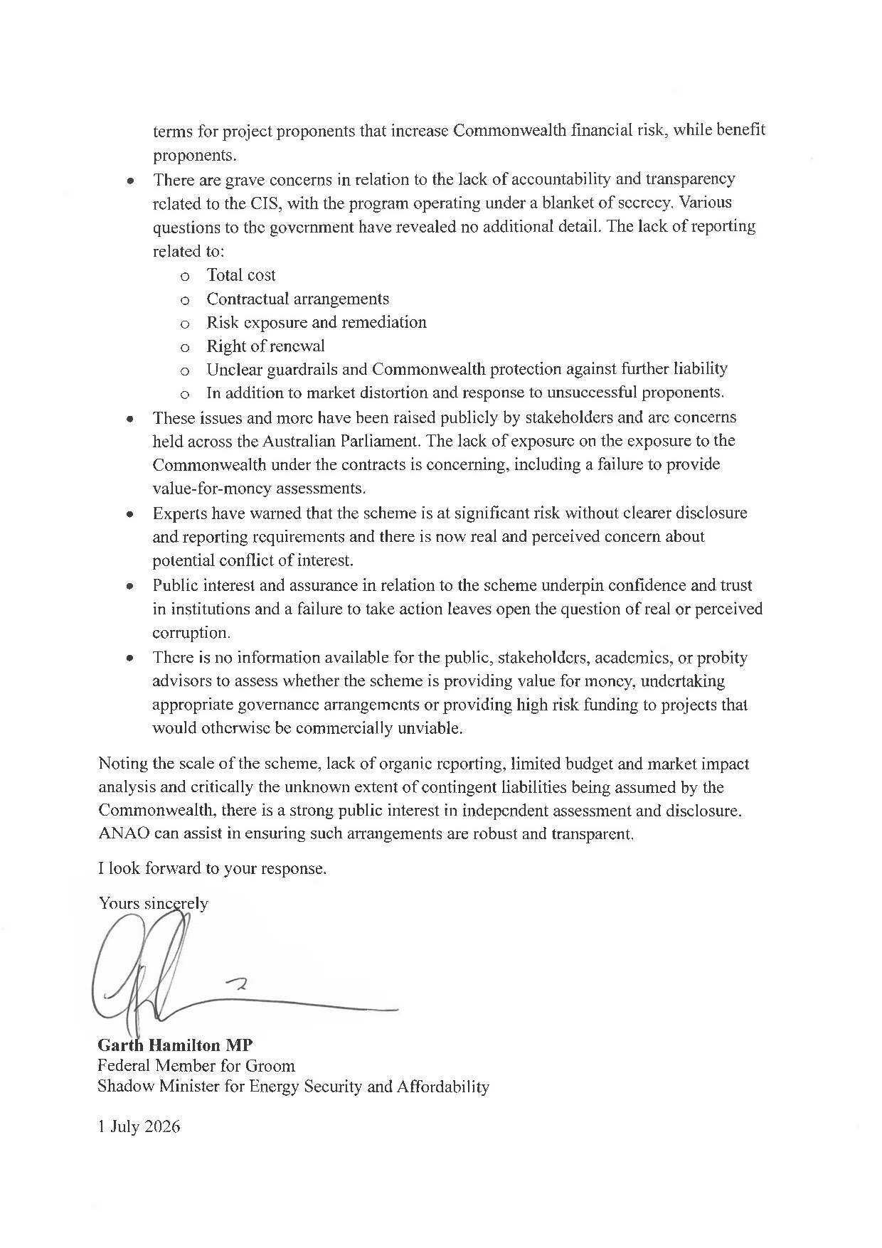 Correspondence from Garth Hamilton MP page 2