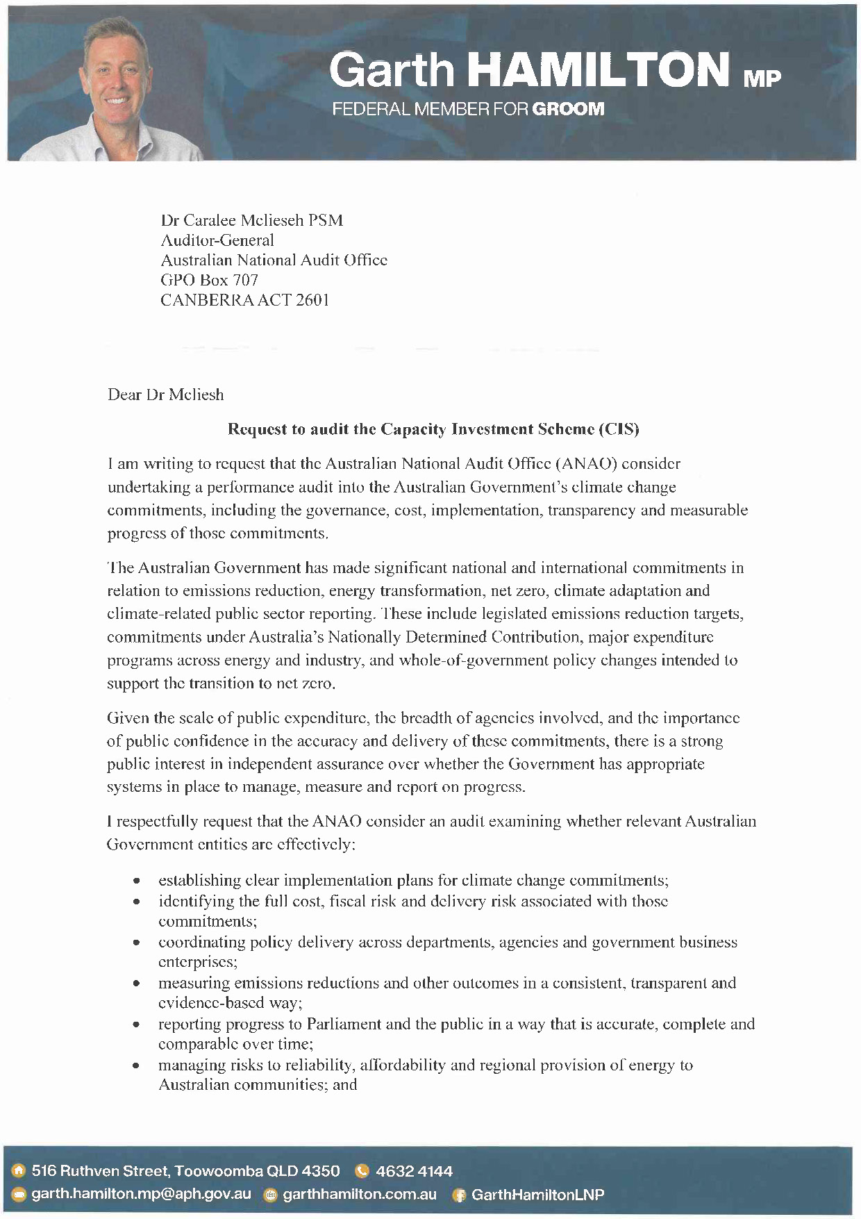 Correspondence from Garth Hamilton MP page 1