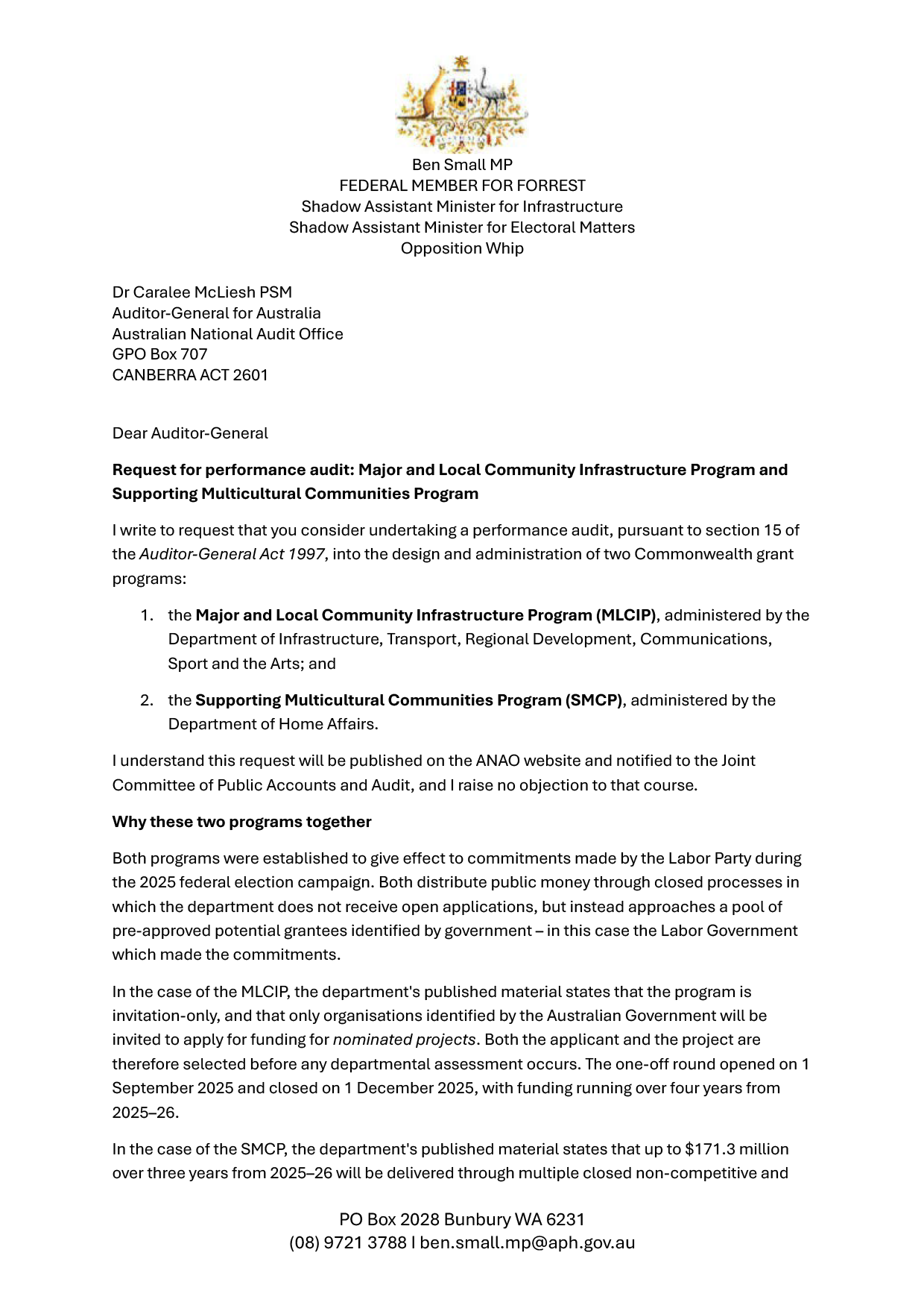 Correspondence from Mr Ben Small MP page 1
