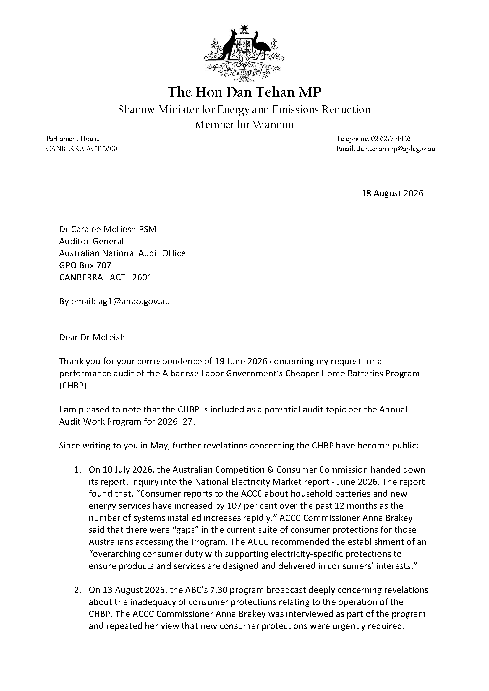 Follow-up correspondence from the Hon Dan Tehan MP page 1
