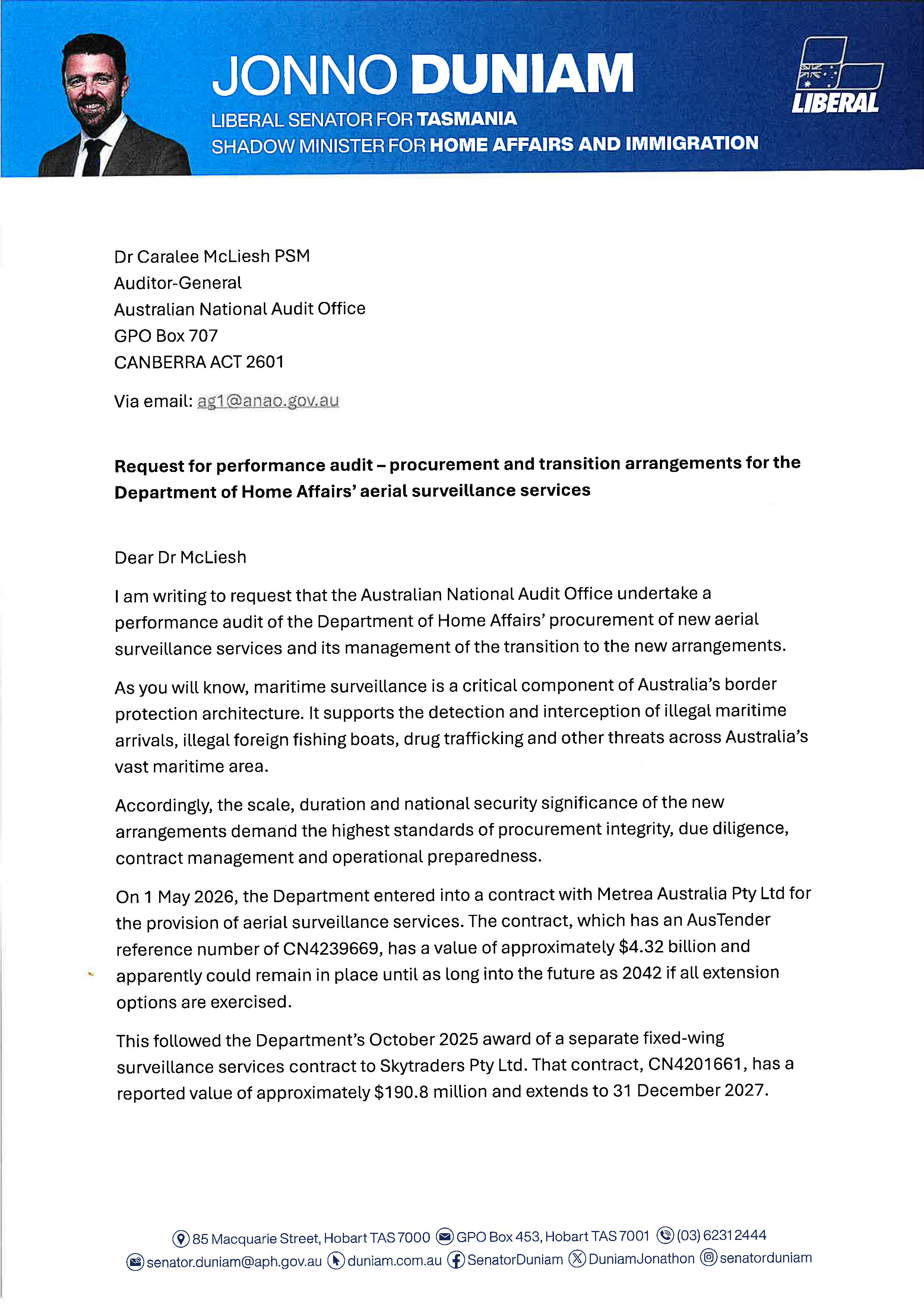 Request for audit Jonathon Duniam 31 August 2026 Page 1