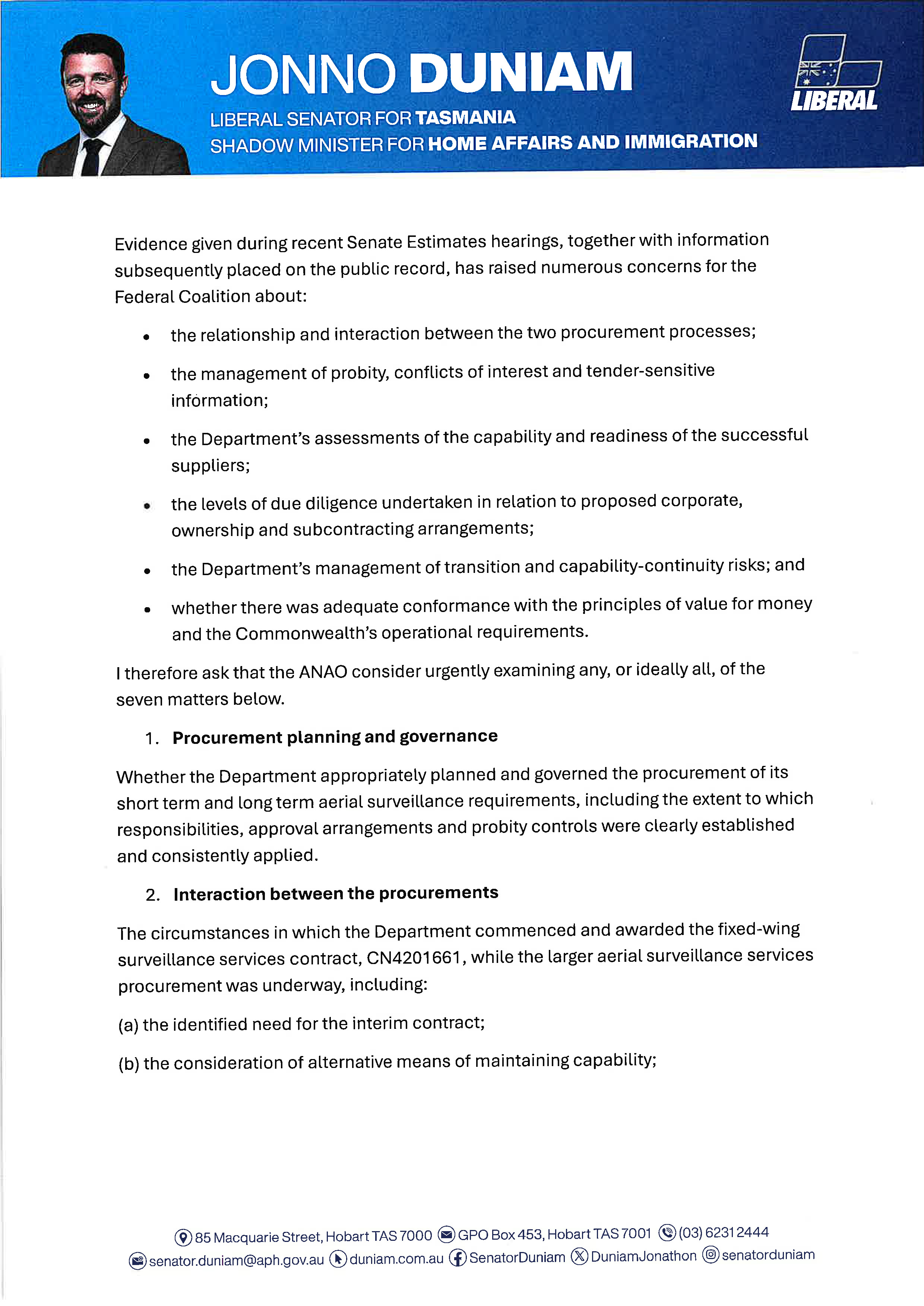 Request for audit Jonathon Duniam 31 August 2026 Page 2