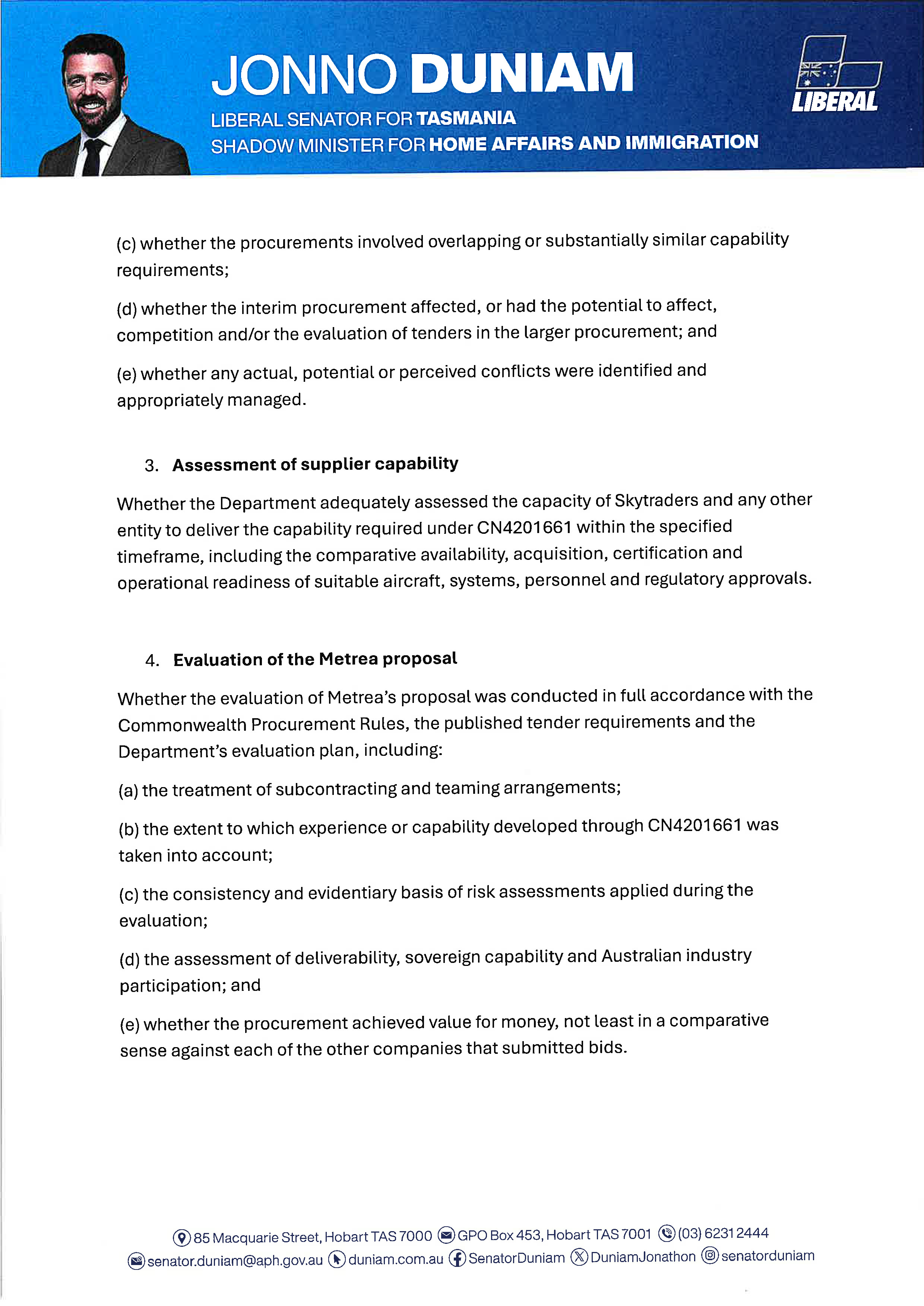 Request for audit Jonathon Duniam 31 August 2026 Page 3