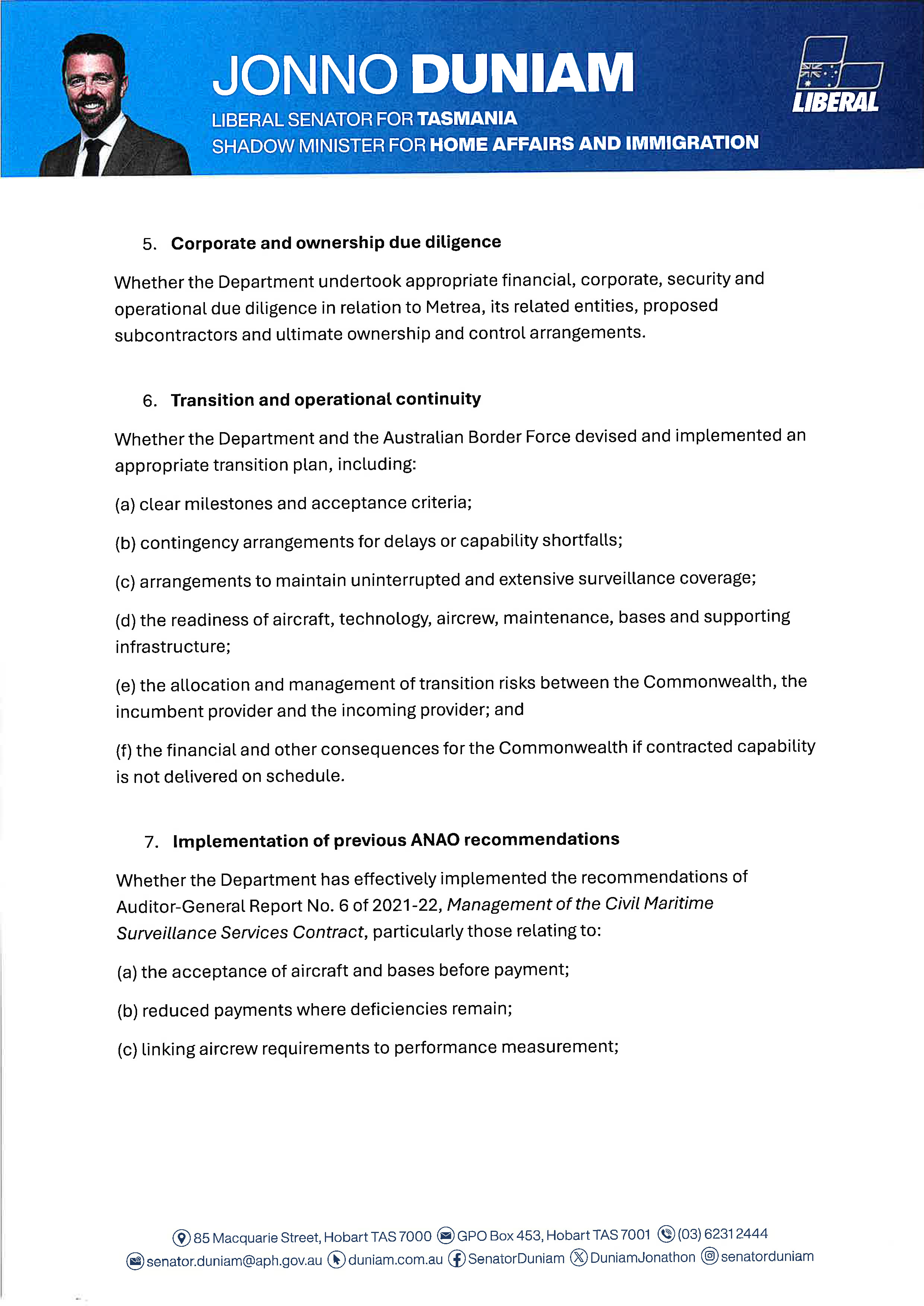 Request for audit Jonathon Duniam 31 August 2026 Page 4