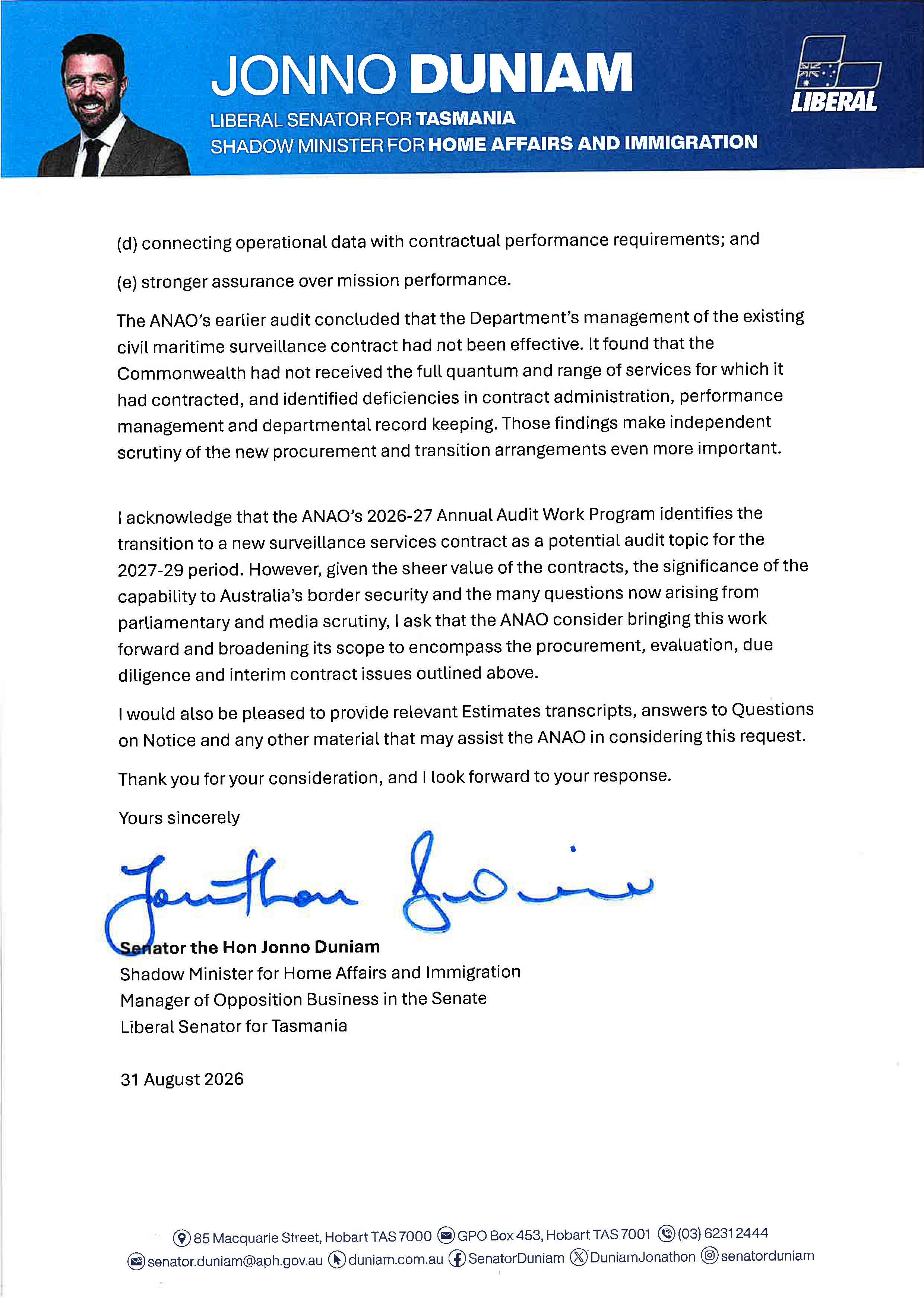 Request for audit Jonathon Duniam 31 August 2026 Page 5
