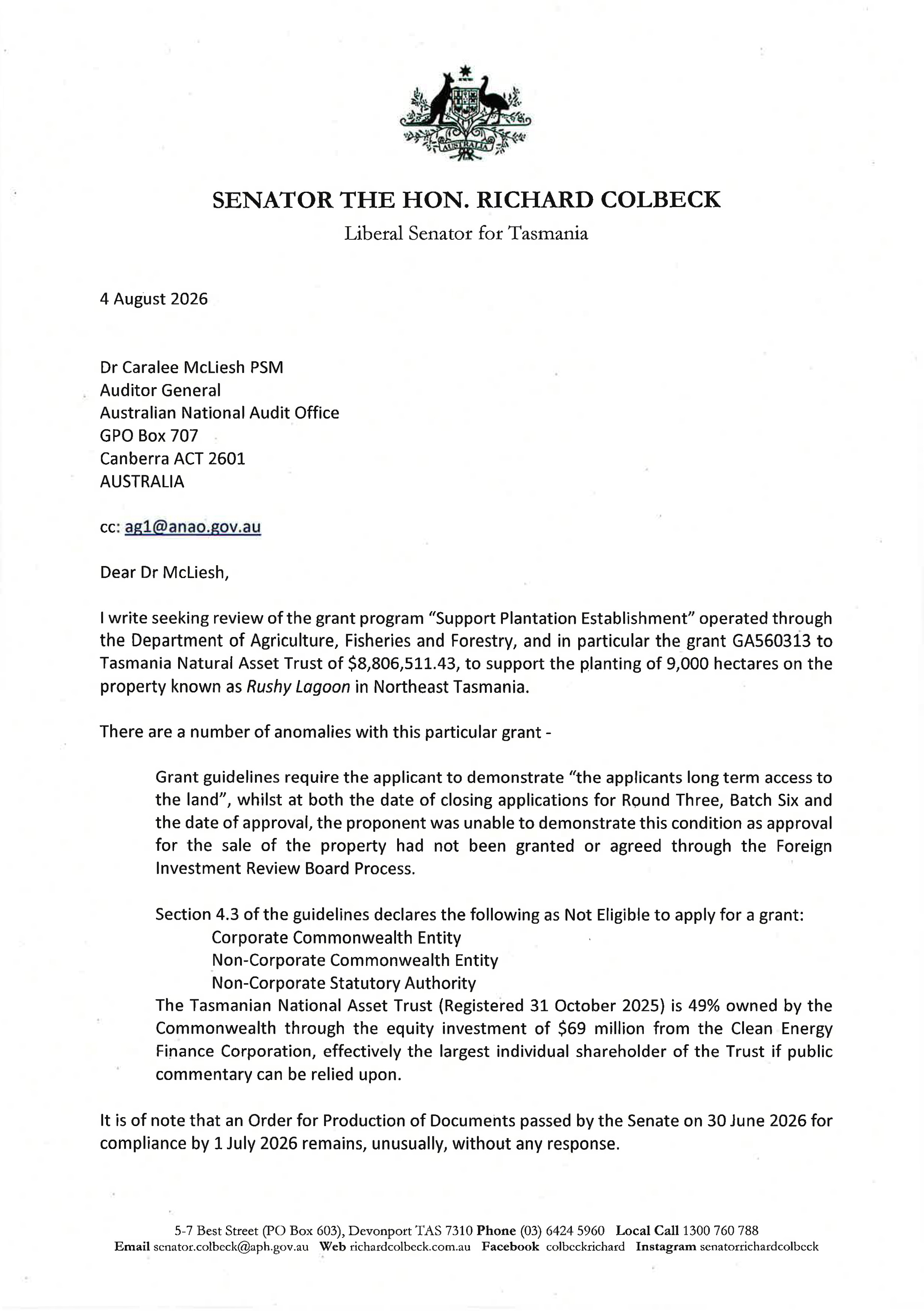 Correspondence from Senator the Hon Richard Colbeck page 1
