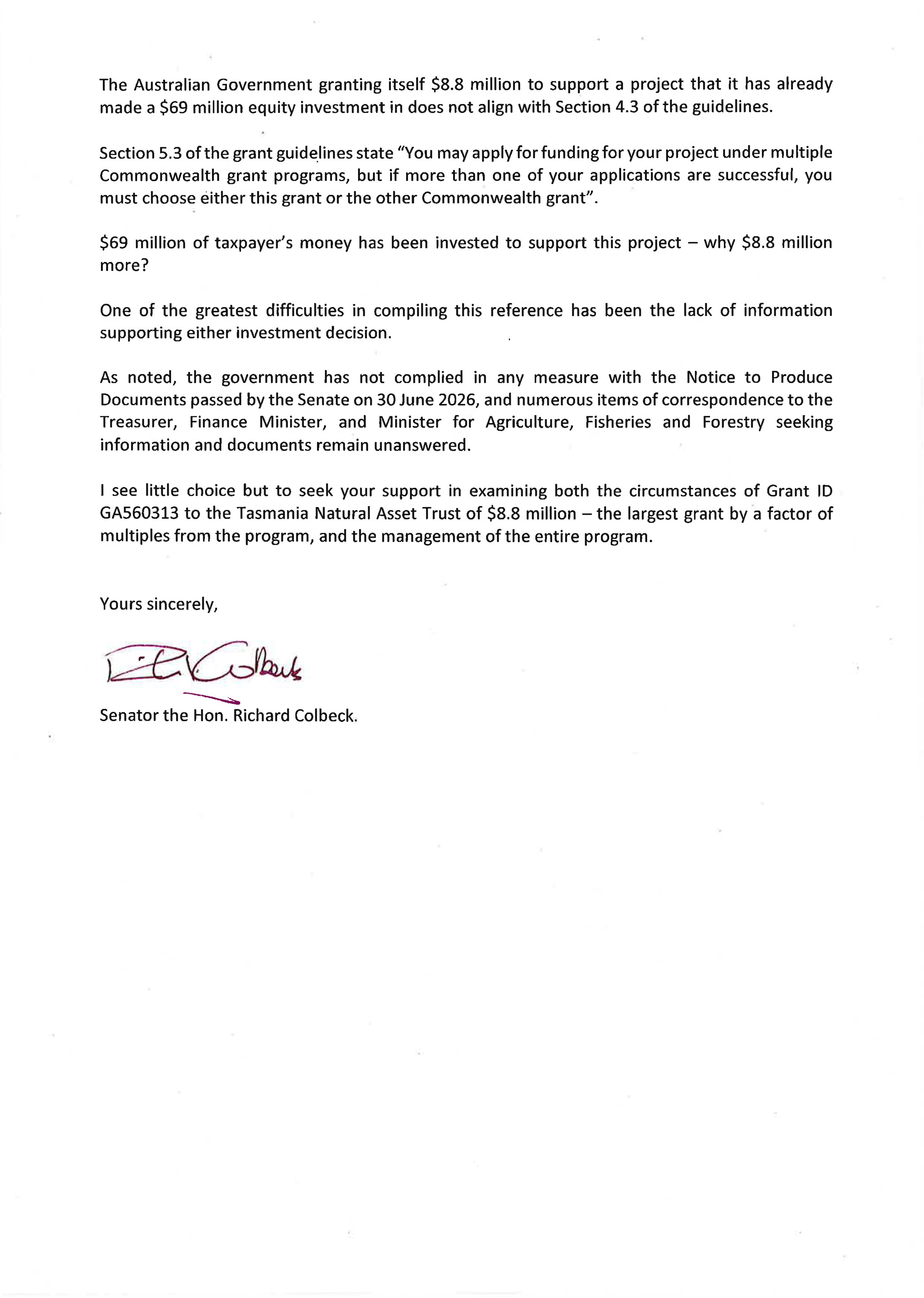Correspondence from Senator the Hon Richard Colbeck page 2