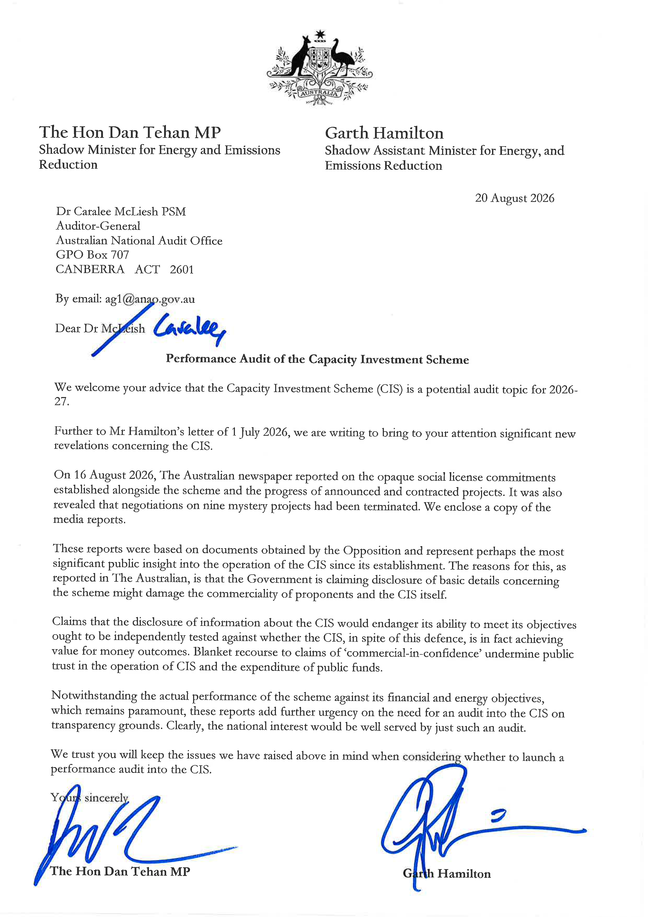 Follow-up correspondence from the Hon Dan Tehan MP and Garth Hamilton MP