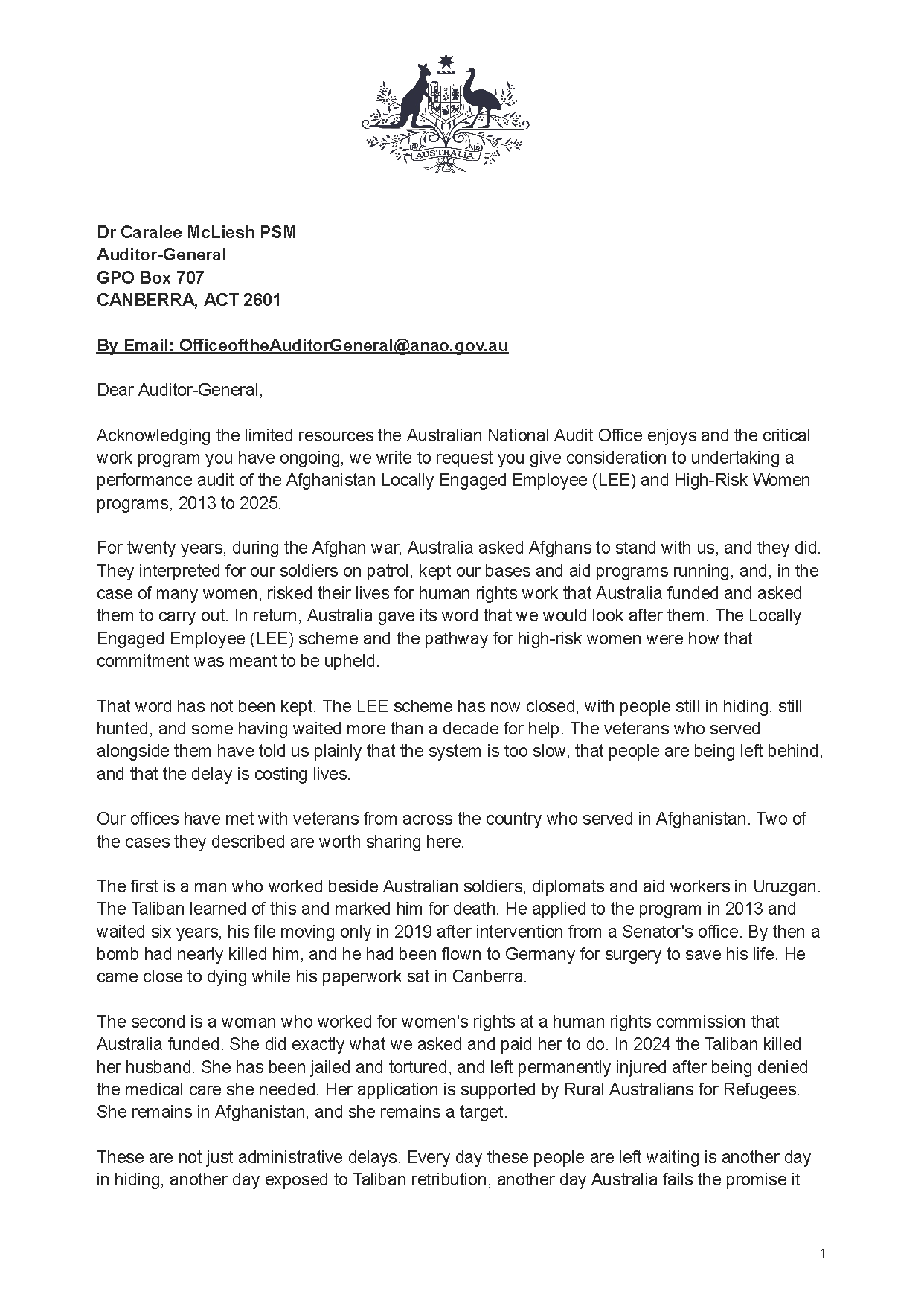 Correspondence from the office of Senator David Pocock page 1