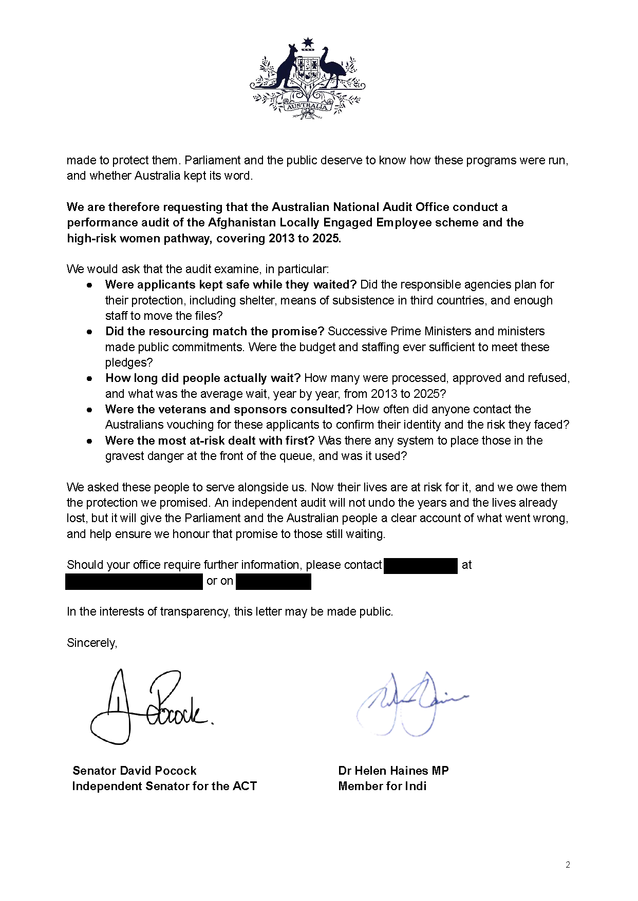 Correspondence from the office of Senator David Pocock page 2