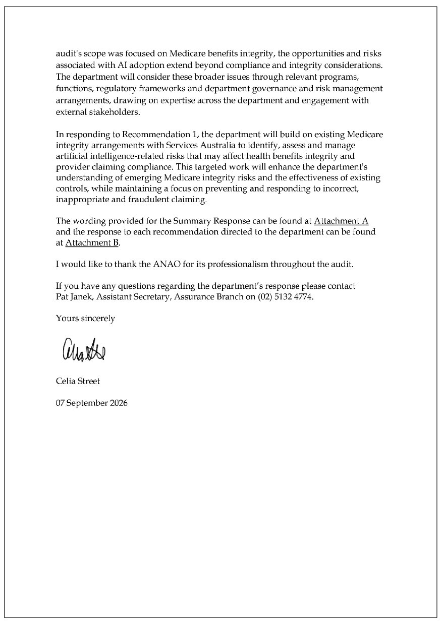 Page two of the response from the DHDA. A summary of the response can be found in the summary and recommendations chapter.