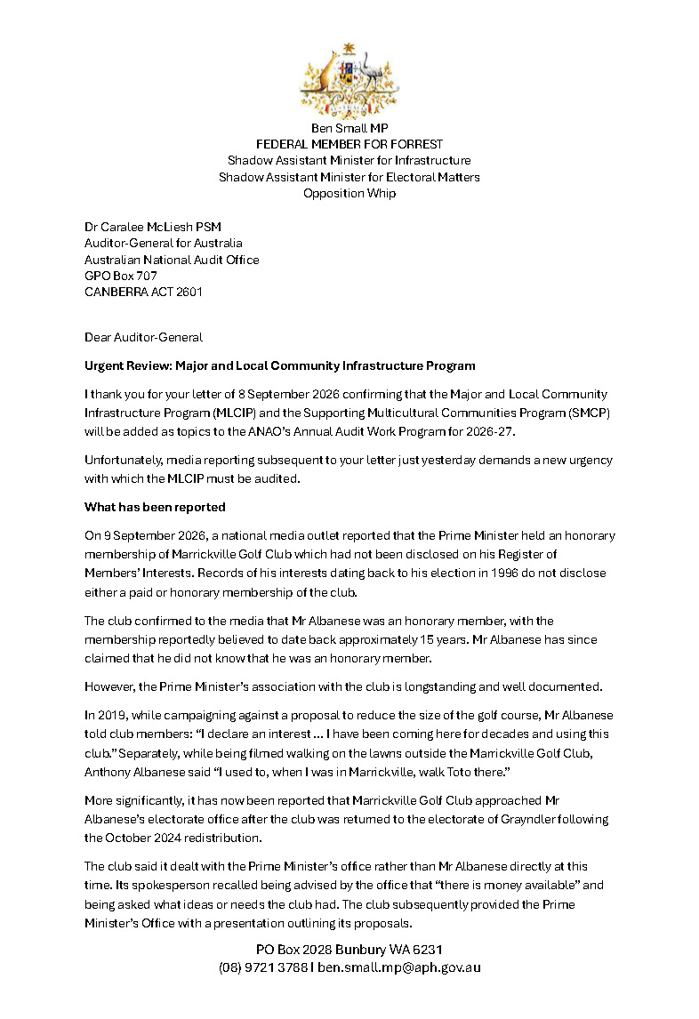 Follow-up correspondence from Mr Ben Small MP page 1