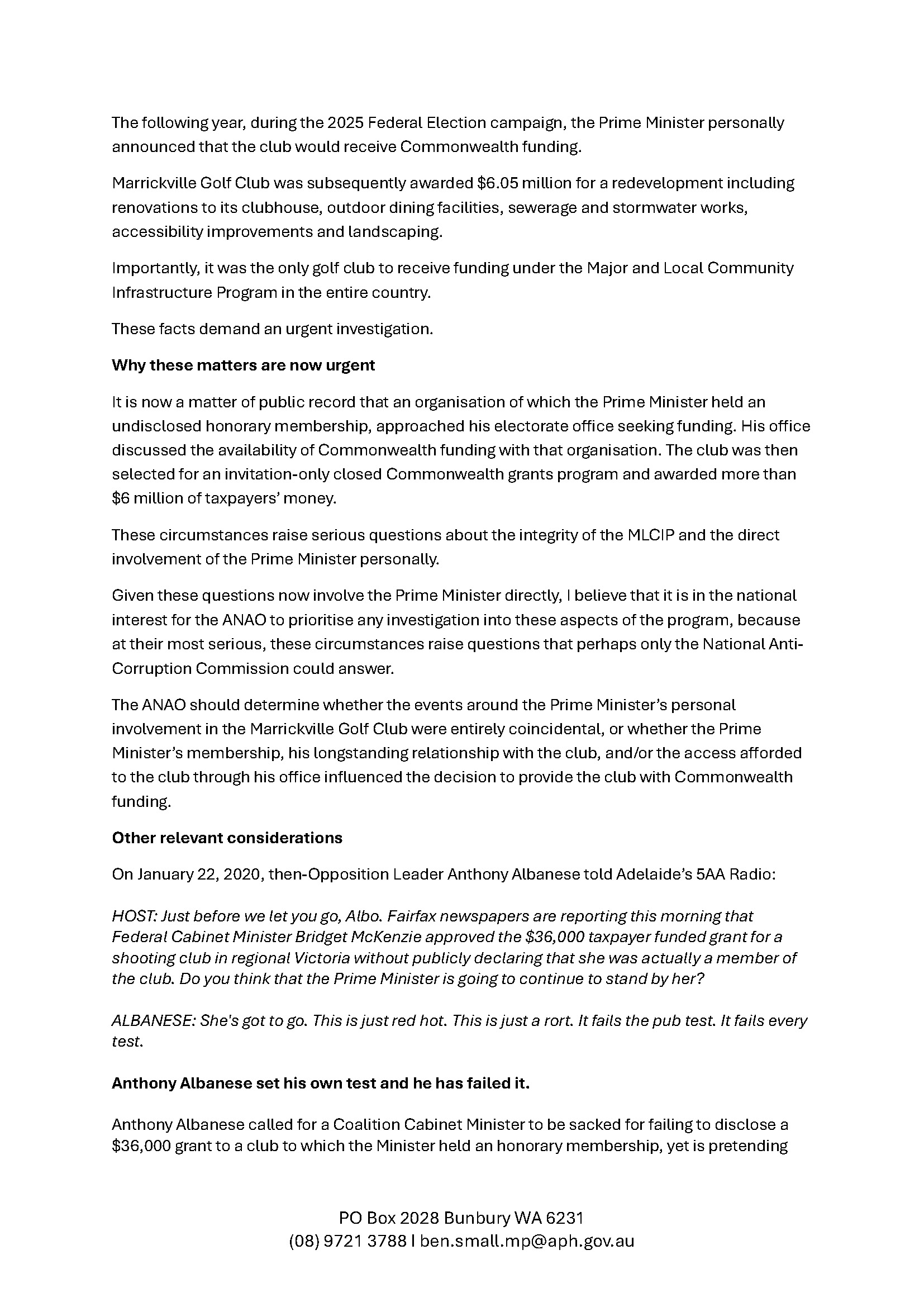 Follow-up correspondence from Mr Ben Small MP page 2