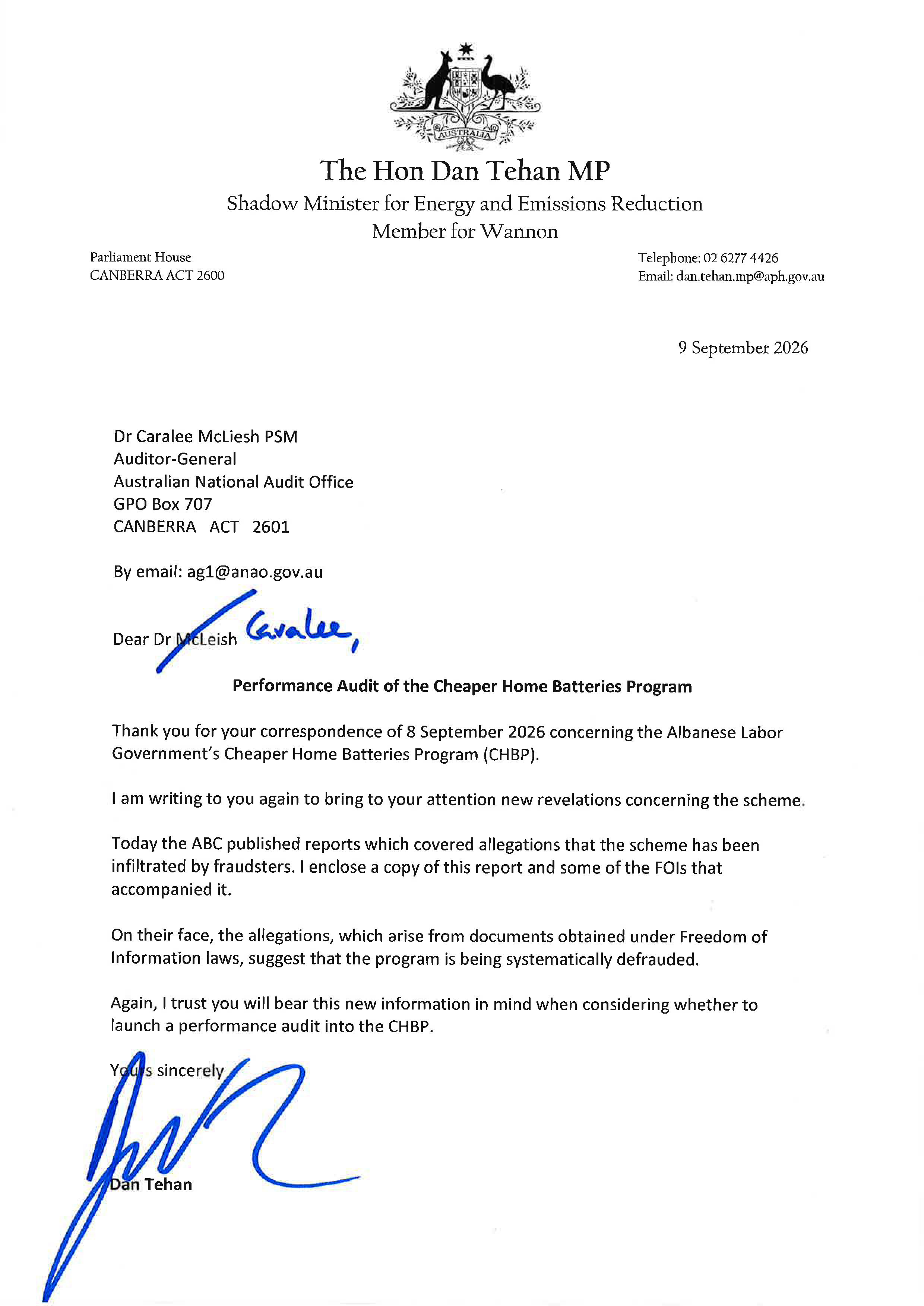 Follow-up correspondence from the Hon Dan Tehan MP page 1
