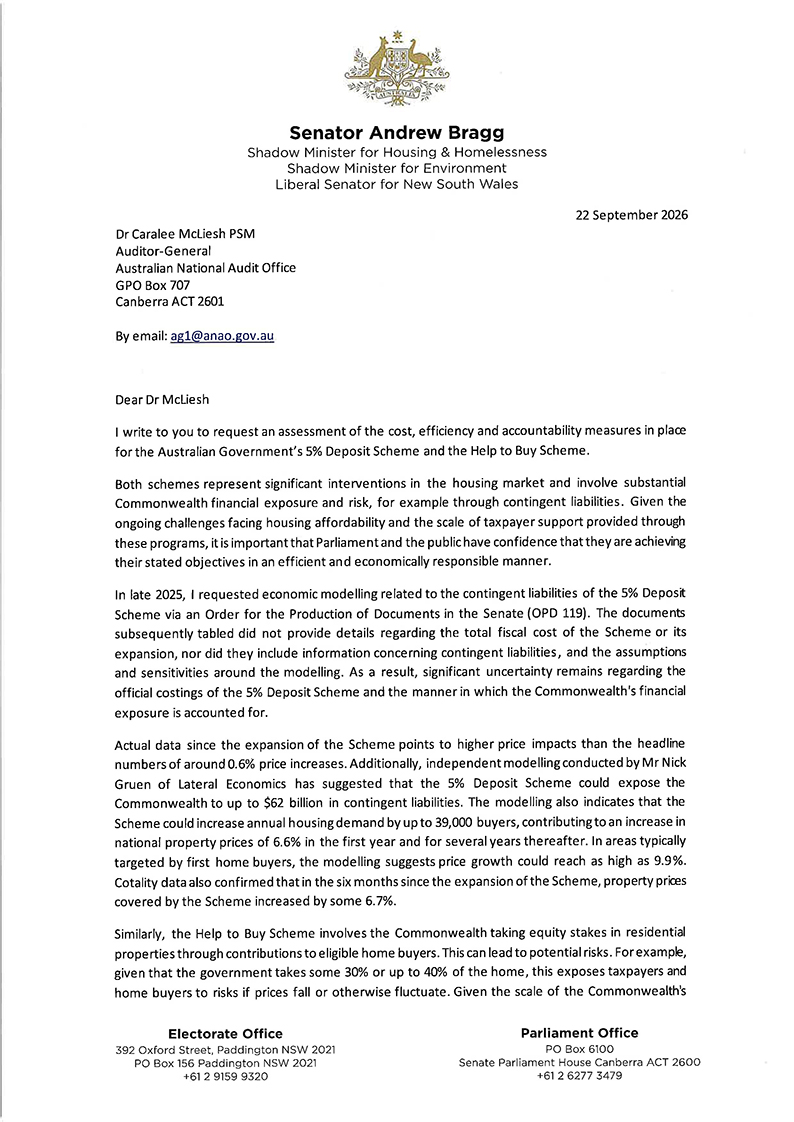 Correspondence from Senator Andrew Bragg page 1