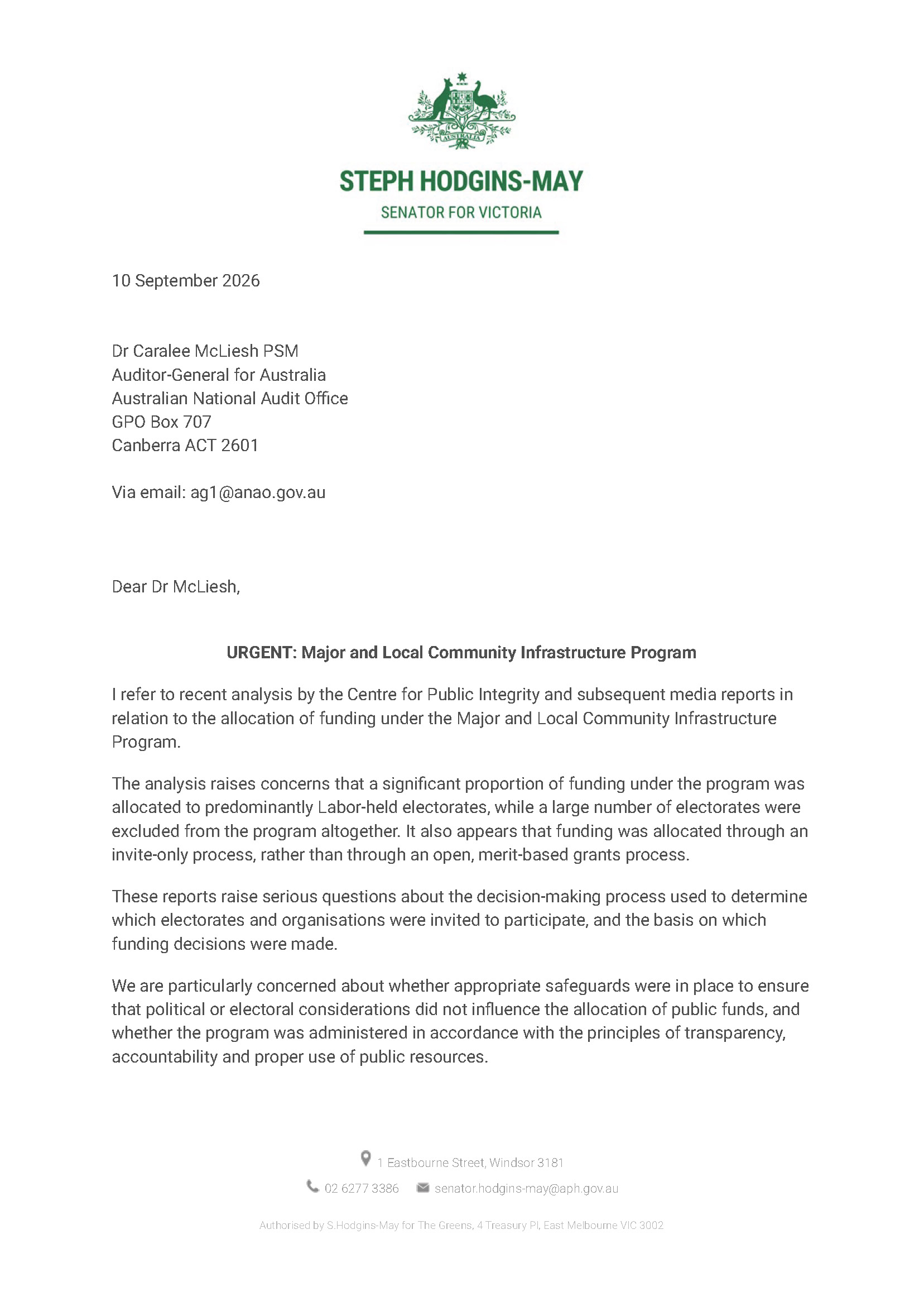 Correspondence from Senator Steph Hodgins-May page 1