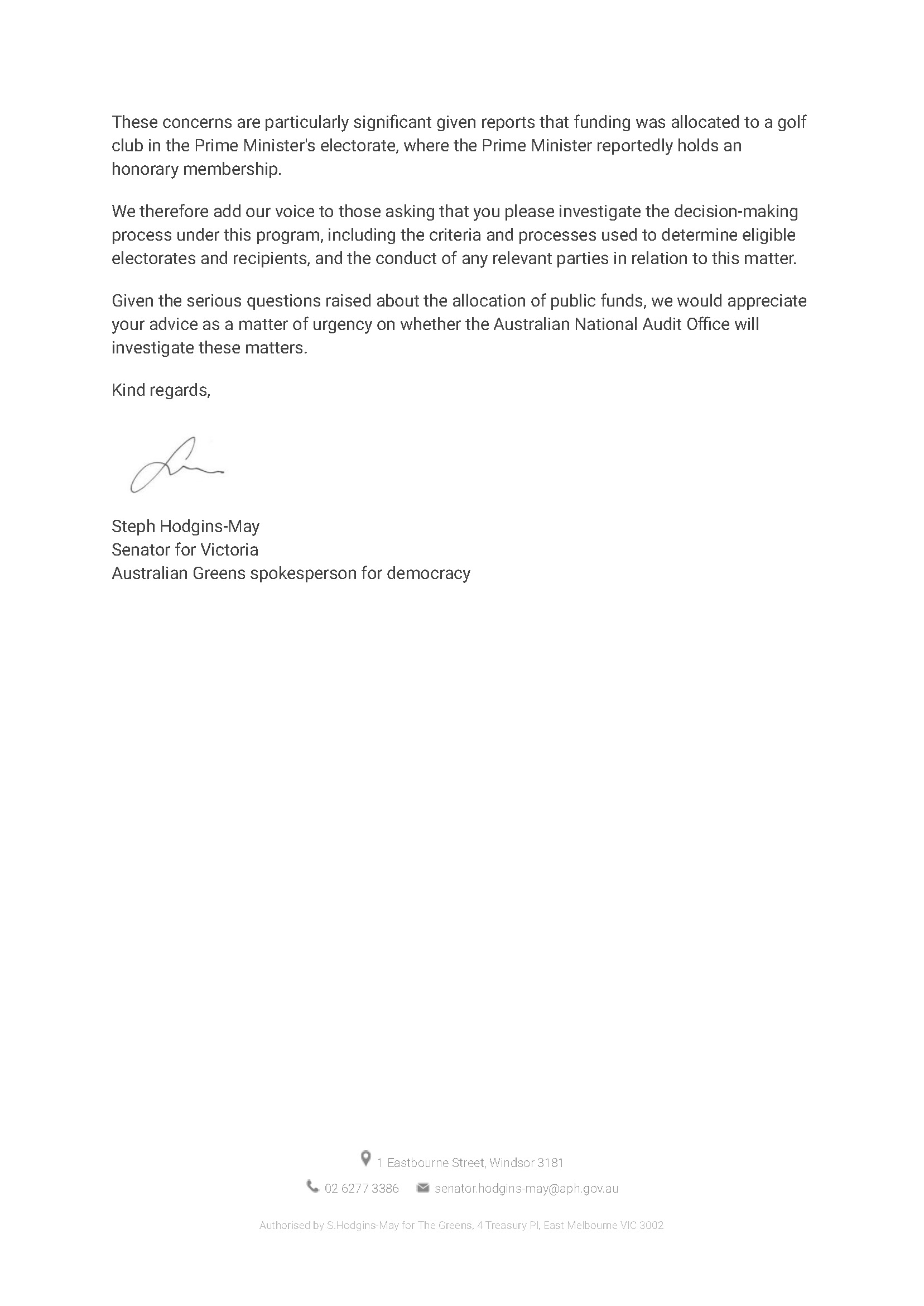 Correspondence from Senator Steph Hodgins-May page 2