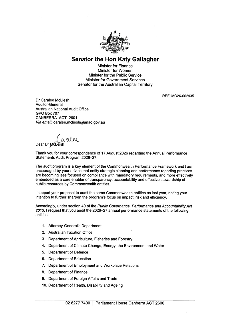 Response to the Annual Performance Statements Audit Program 2026–27 from Sen Katy Gallagher page 1