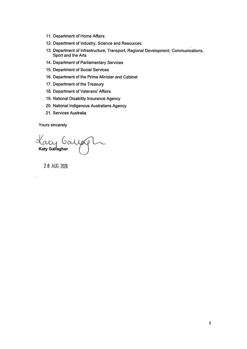 Response to the Annual Performance Statements Audit Program 2026–27 from Sen Katy Gallagher page 2
