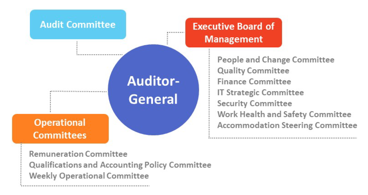 Diagram of ANAO governance structure at 30 June 2018. Top level is the Auditor-General, with Audit Committee, Executive Board of Management, and Operational Committees Diagram of ANAO governance structure at 30 June 2018. Top level is the Auditor-General, with Audit Committee, Executive Board of Management, and Operational Committees