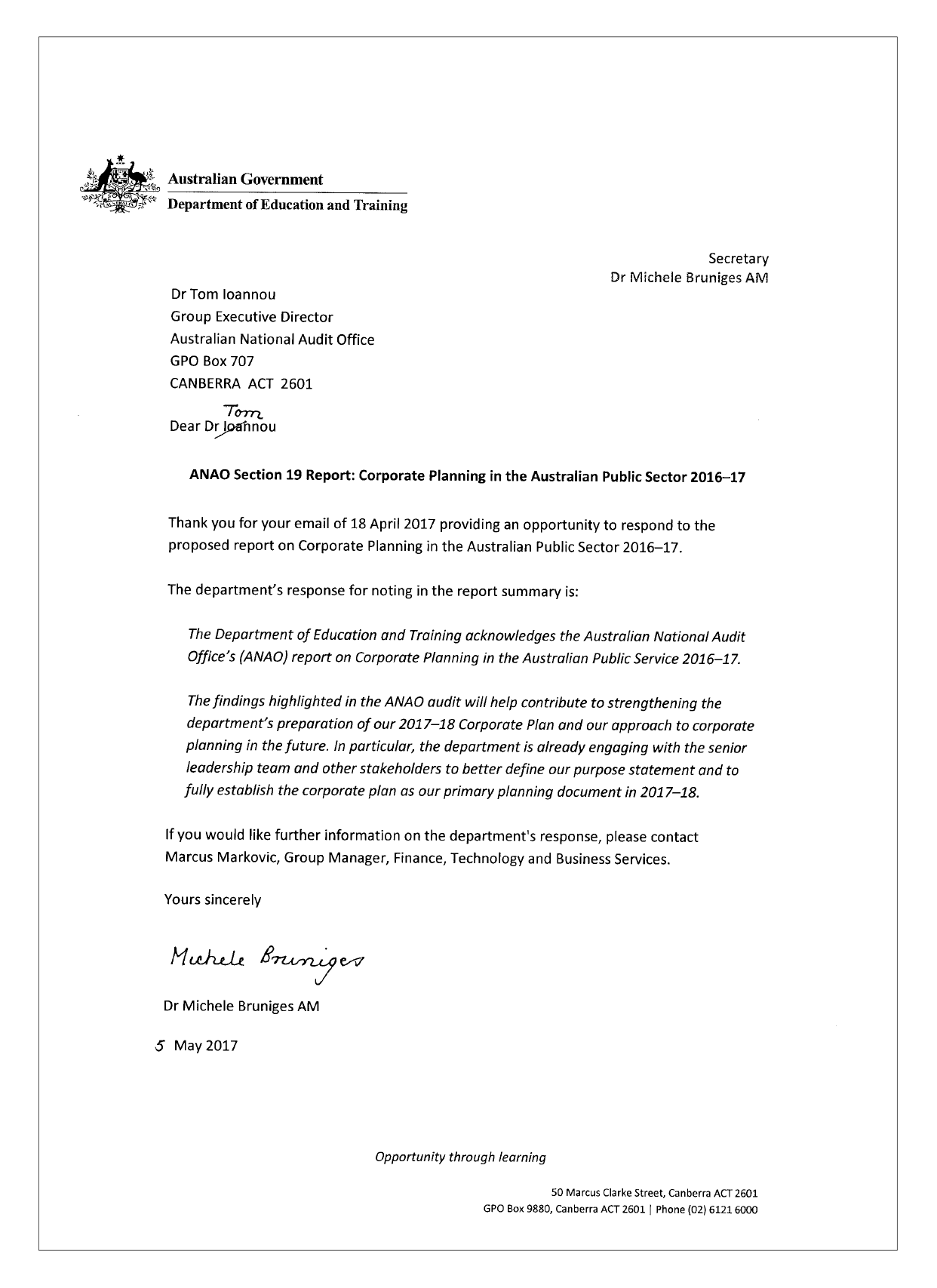 Department of Education and Training letter Department of Education and Training letter