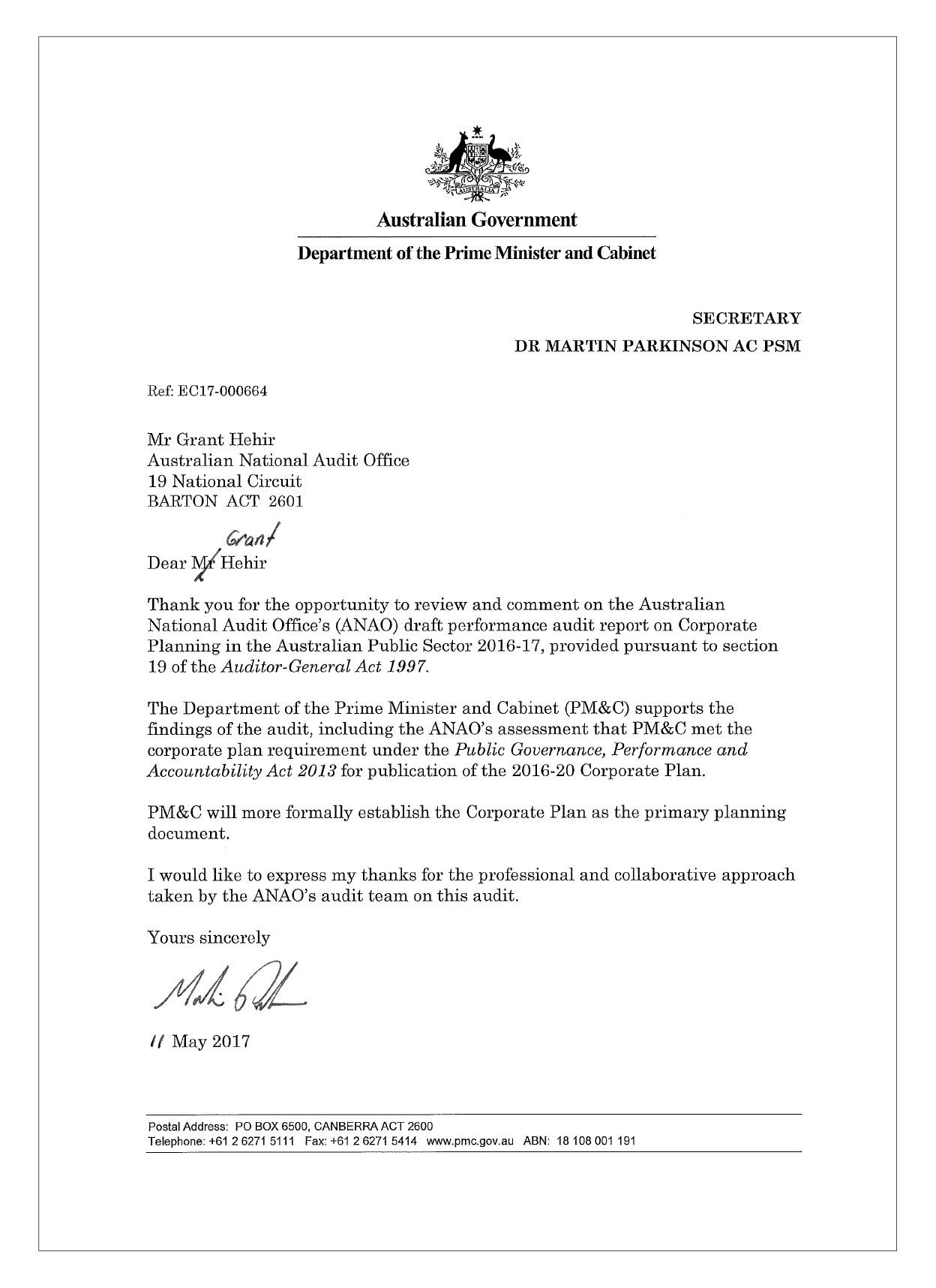 Department of the Prime Minister and Cabinet response letter Department of the Prime Minister and Cabinet response letter