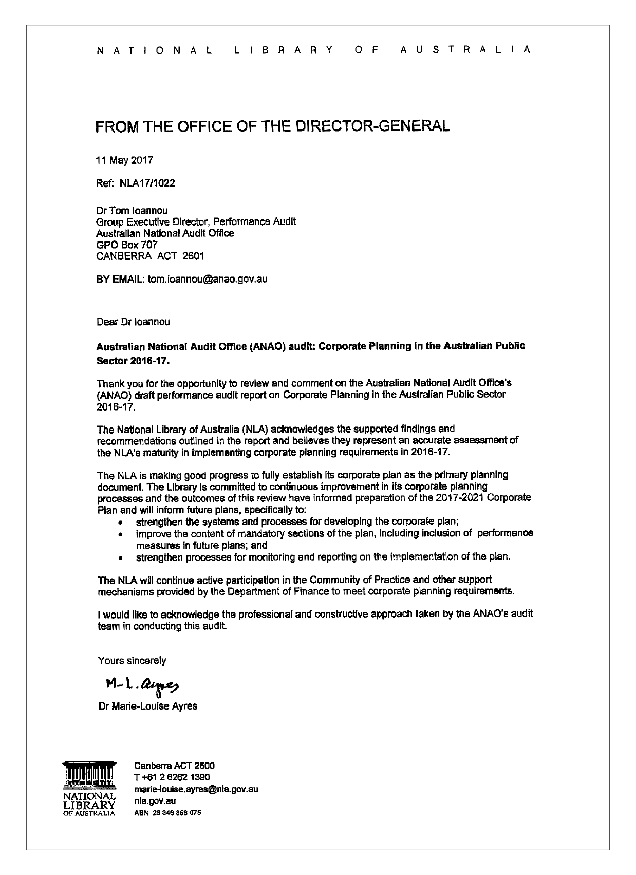 National Library of Australia response letter National Library of Australia response letter
