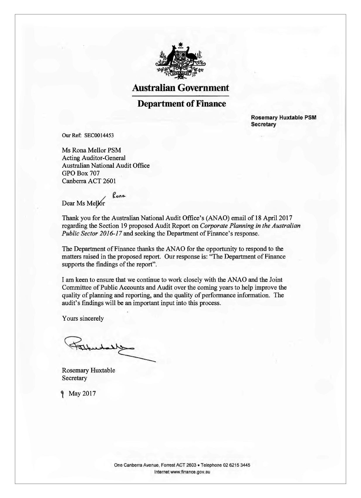 Department of Finance response letter Department of Finance response letter