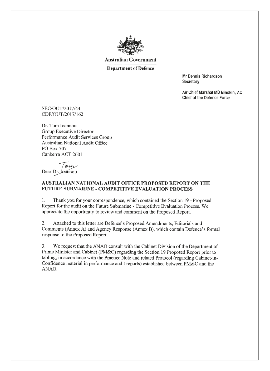Department of Defence’s response letter