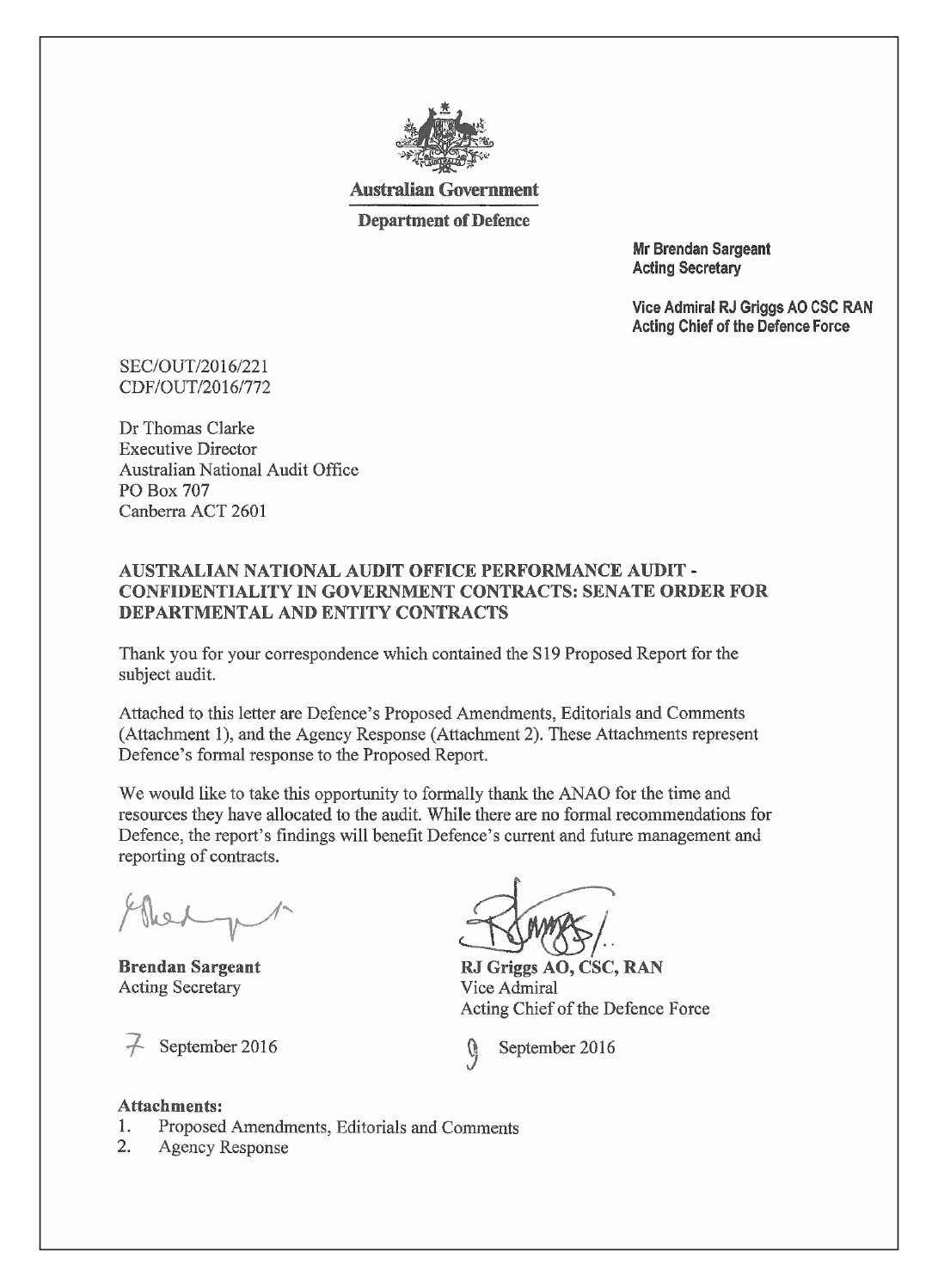 Agency Response - Department of Defence