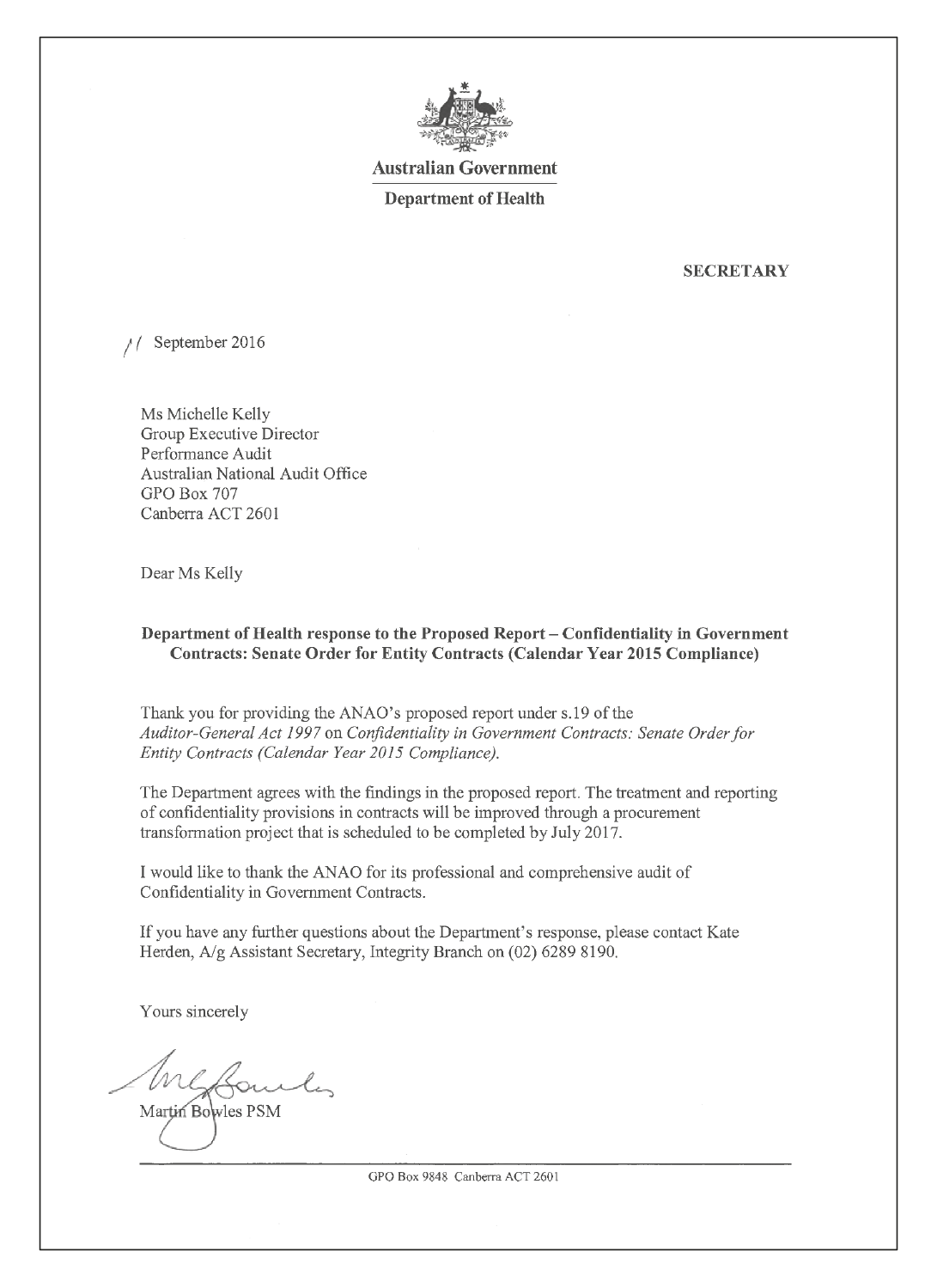 Agency Response - Department of Health