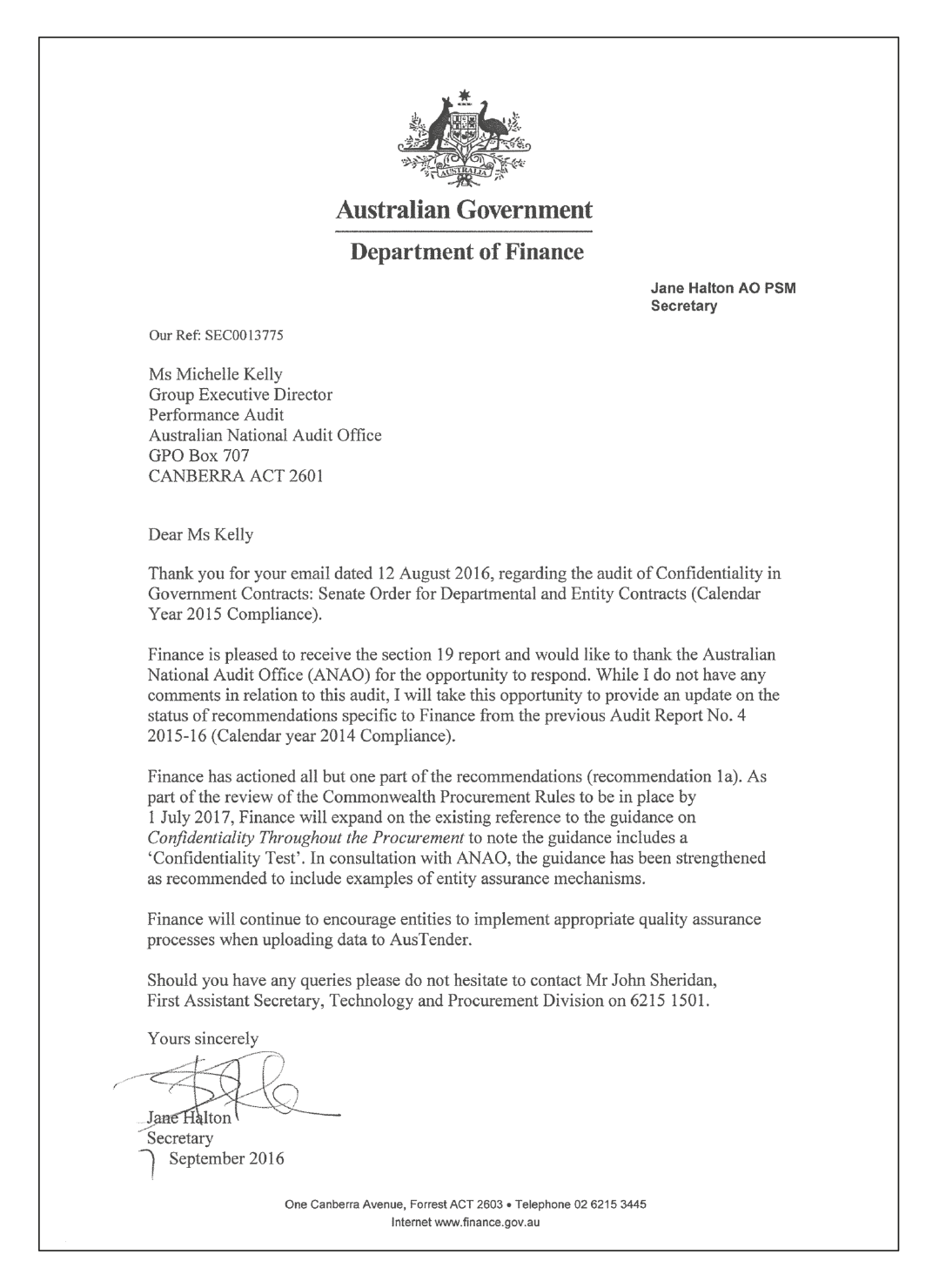 Agency Response - Department of Finance