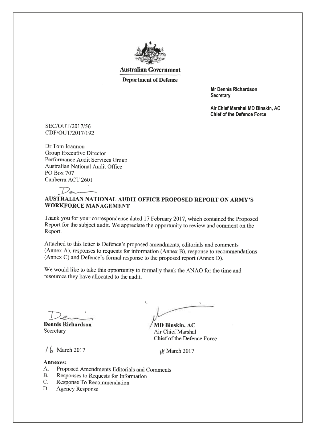 Department of Defence response letter Department of Defence response letter