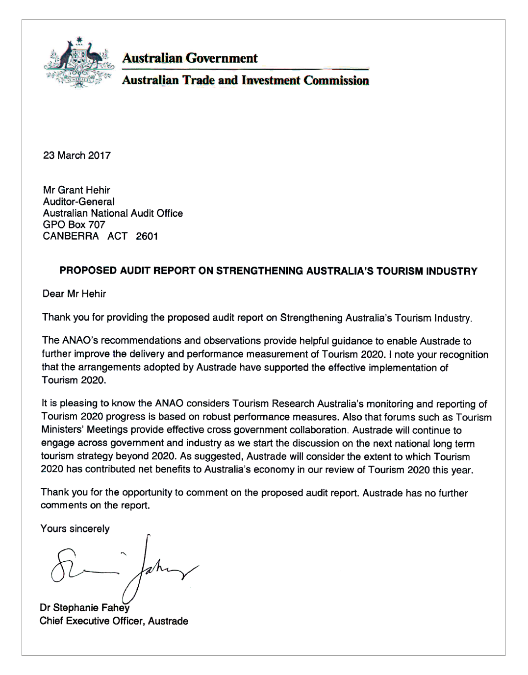 Australian Trade and Investment Commission response letter