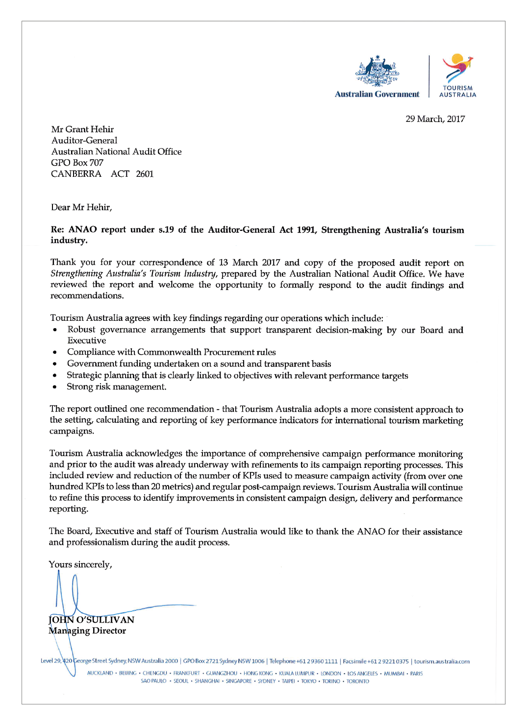 Tourism Australia response letter