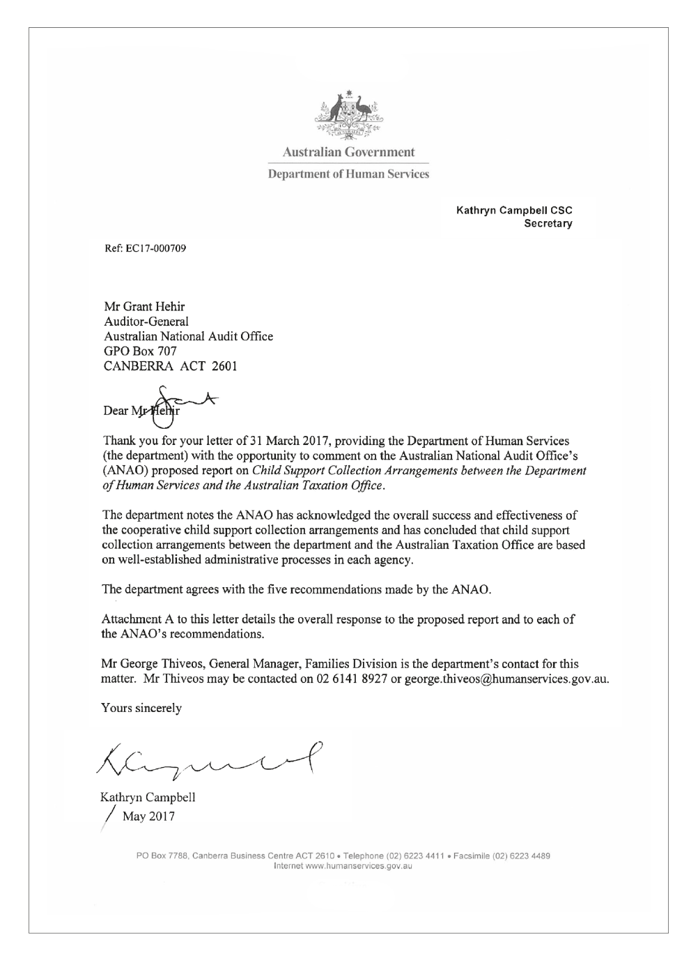 Human Services response letter