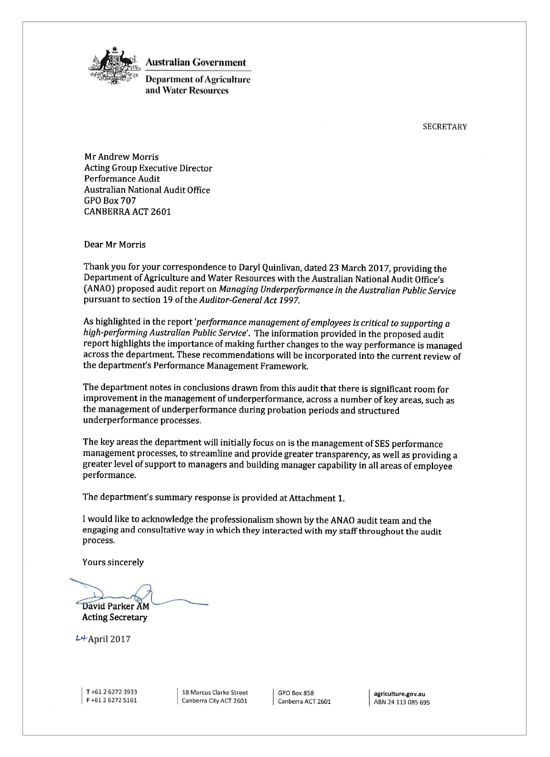 Image of Response from Department of Agriculture and Water Resources