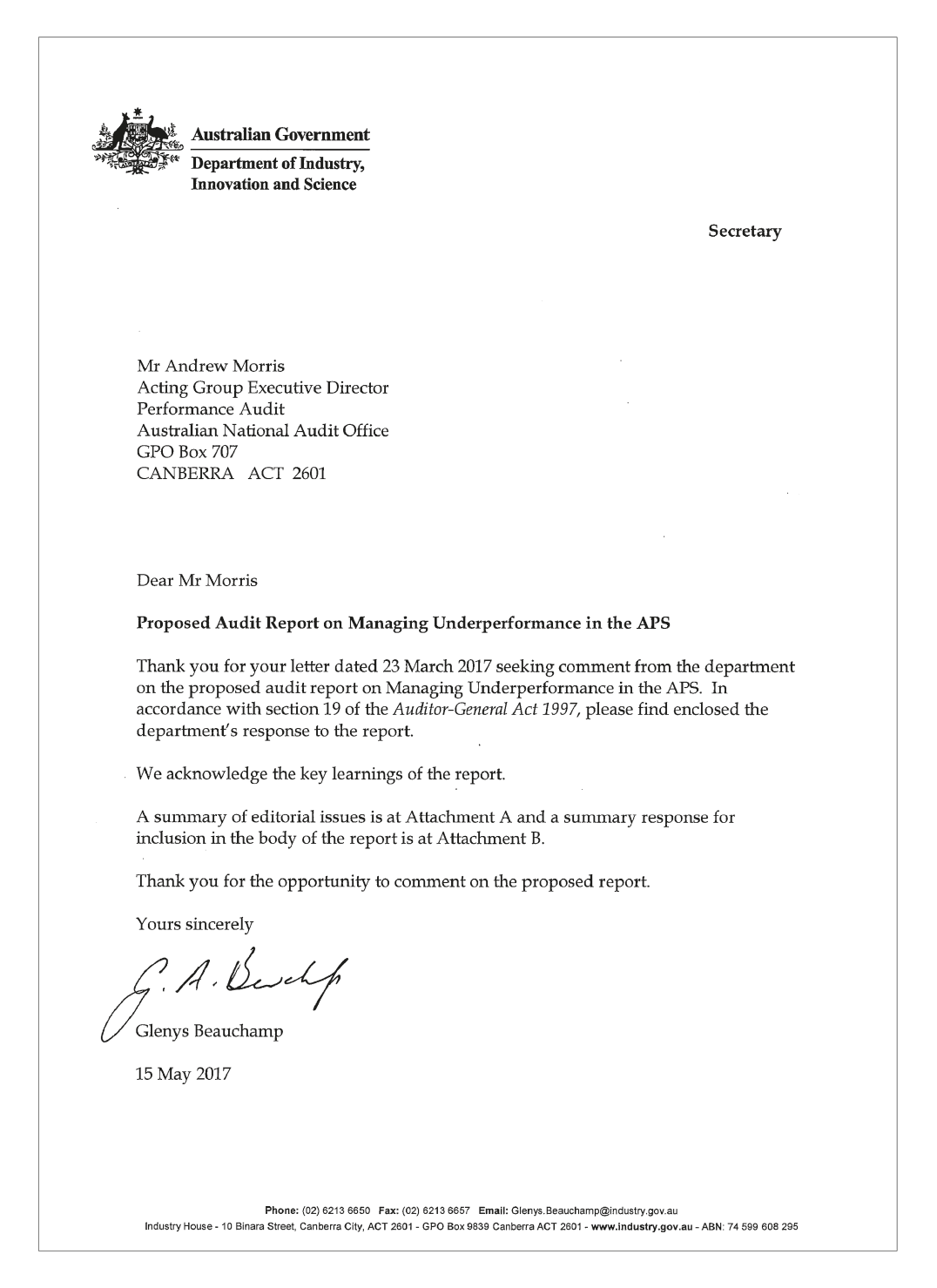 Image of Response from Department of Industry, Innovation and Science