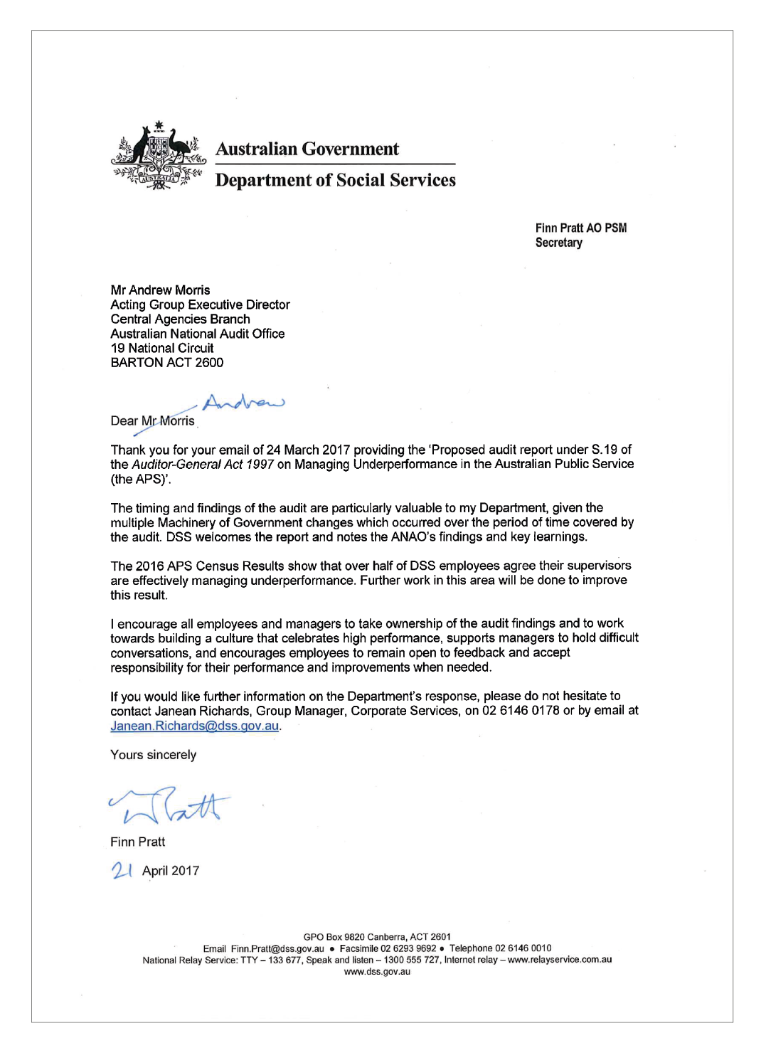 Image of response from Department of Social Services