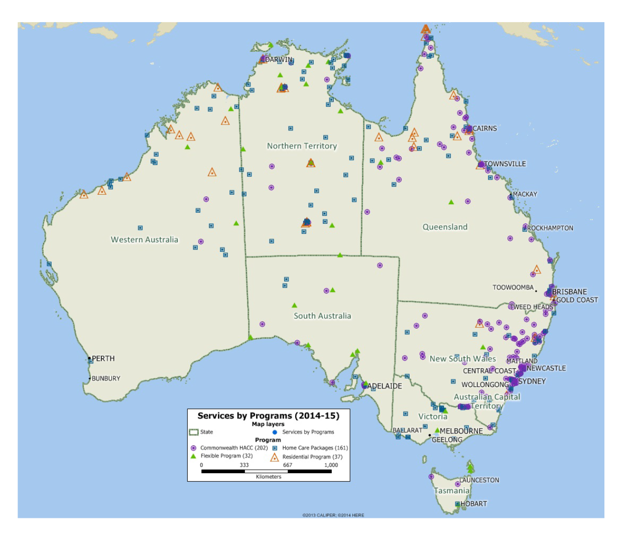 Map showing location of Indigenous-focused aged care programs
