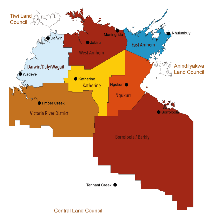 Map showing Northern Land Council regions and offices, 1 May 2017