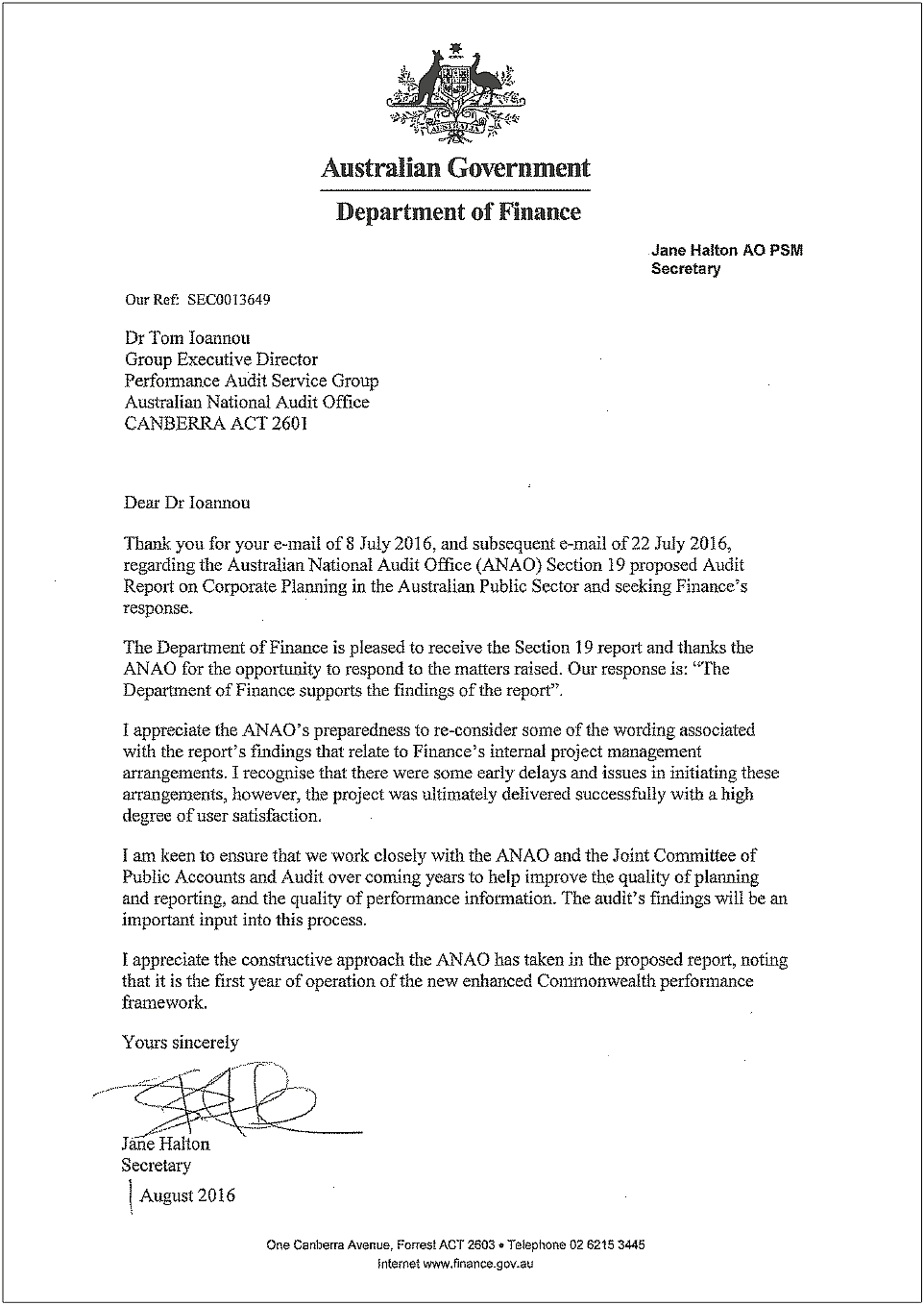 Department of Finance Response