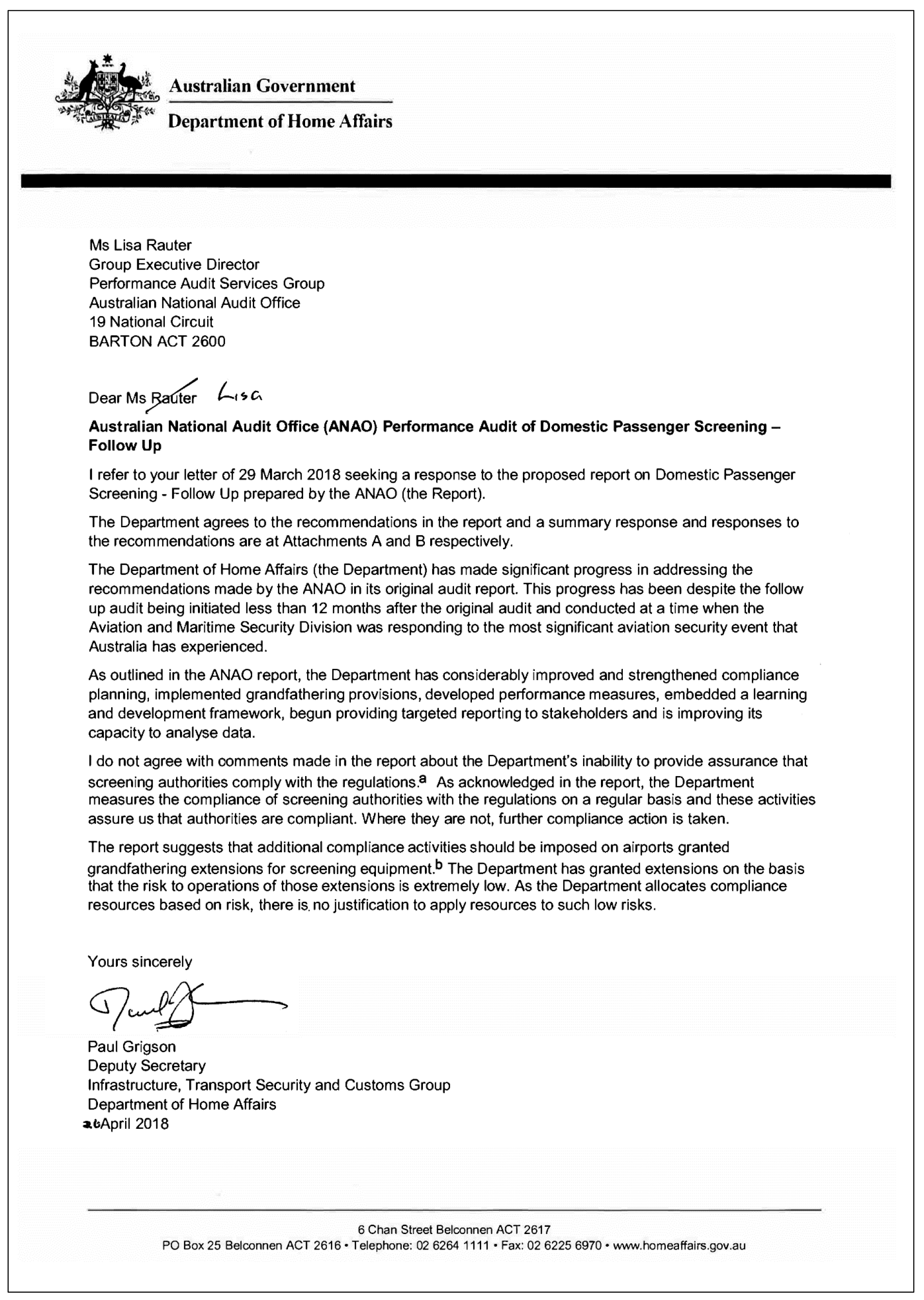 Department of Home Affairs response Department of Home Affairs response