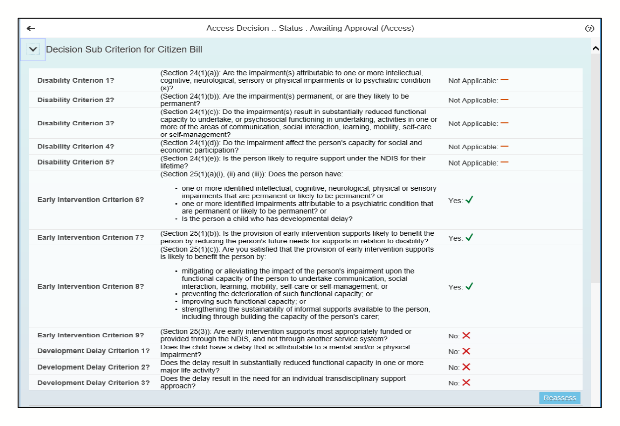 A screenshot of the computer aided decision-making screen from the NDIA’s ICT system.