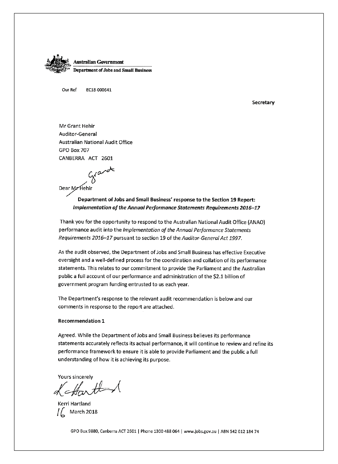 Department of Jobs and Small Business response page 1
