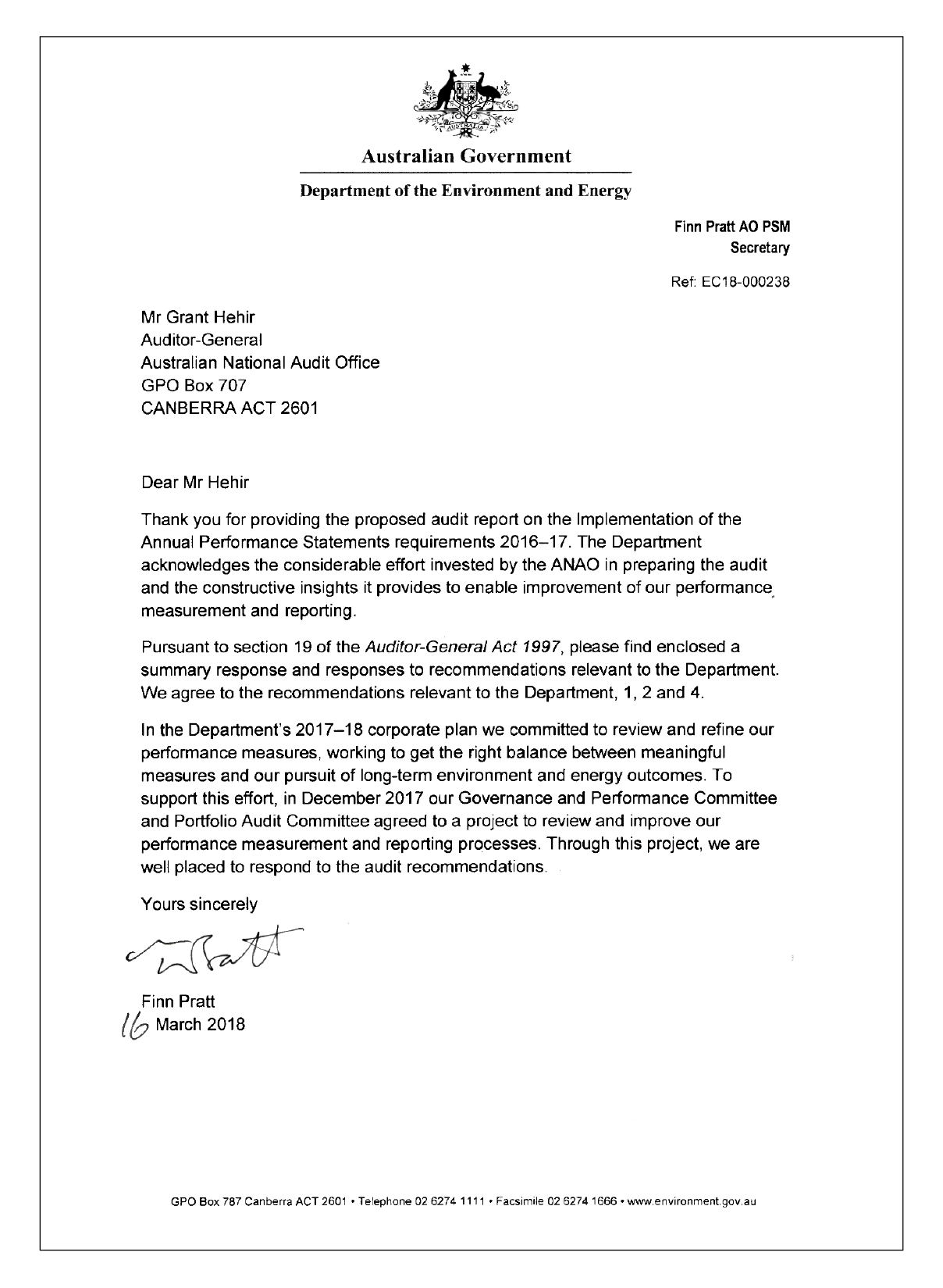 Department of Environment and Energy response