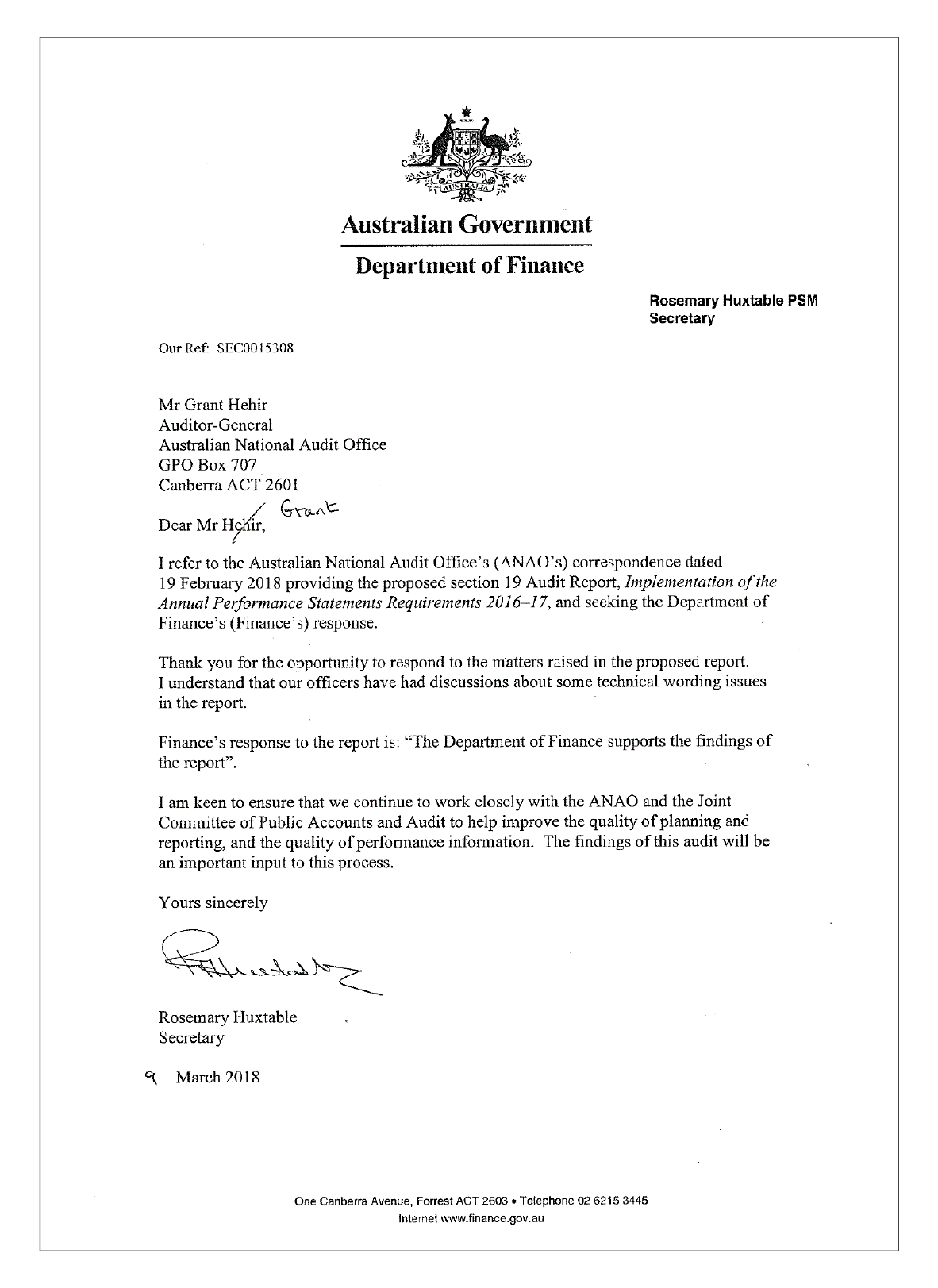 Department of Finance response