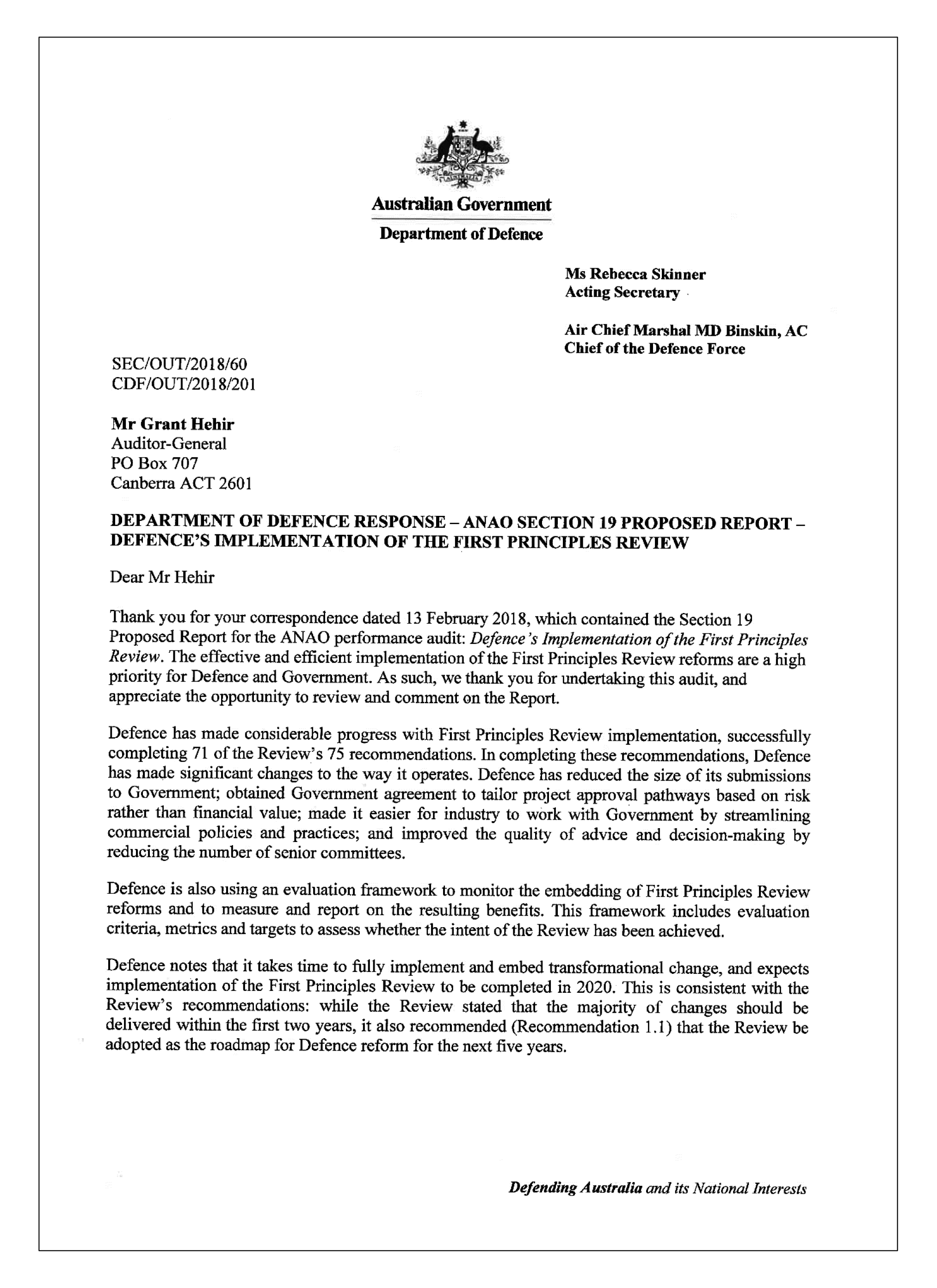Department of Defence response page 1